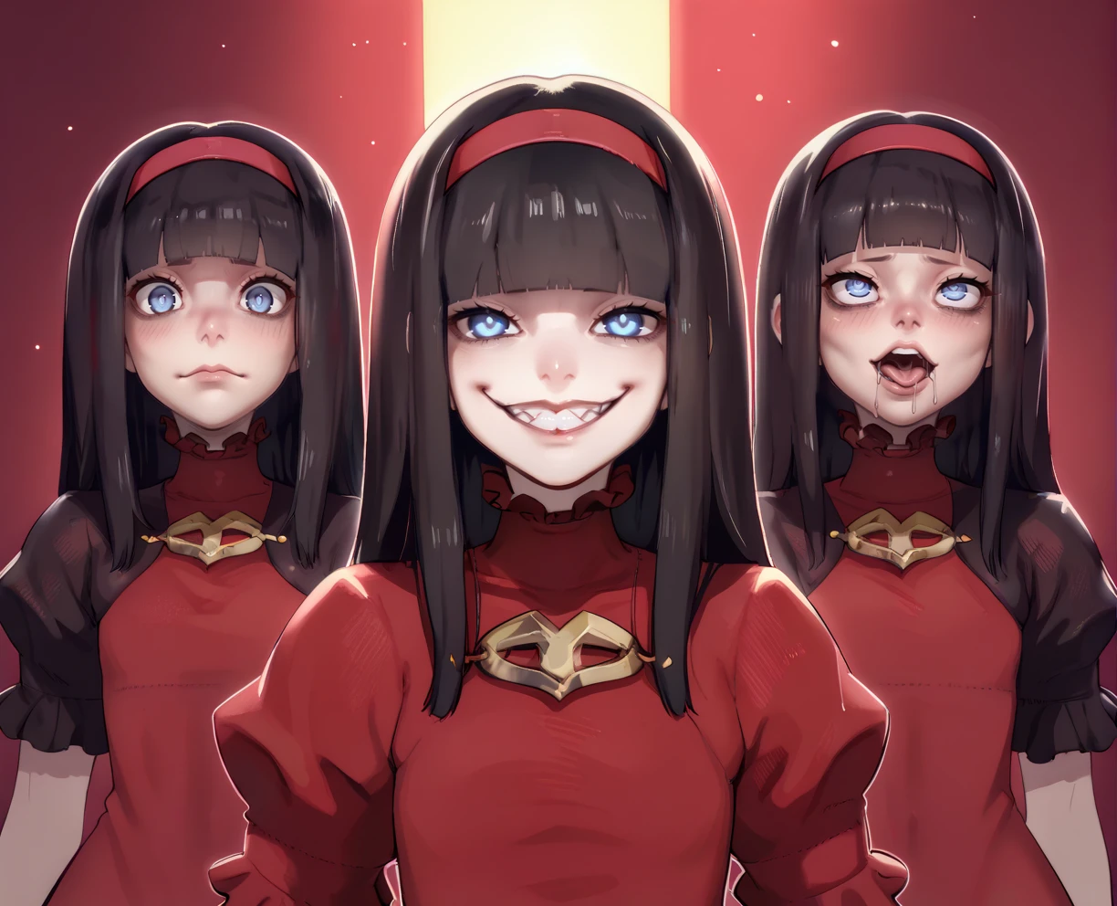 score_9,score_8_up,
n2rdgxl,blue eyes,black hair,blunt bangs,
red dress,dark puffy sleeves,red hairband,
multiple girls,4girls,
solo,
void,red lighting,
<lora:N2RedGxl:1>,rolling_eyes,ahegao,