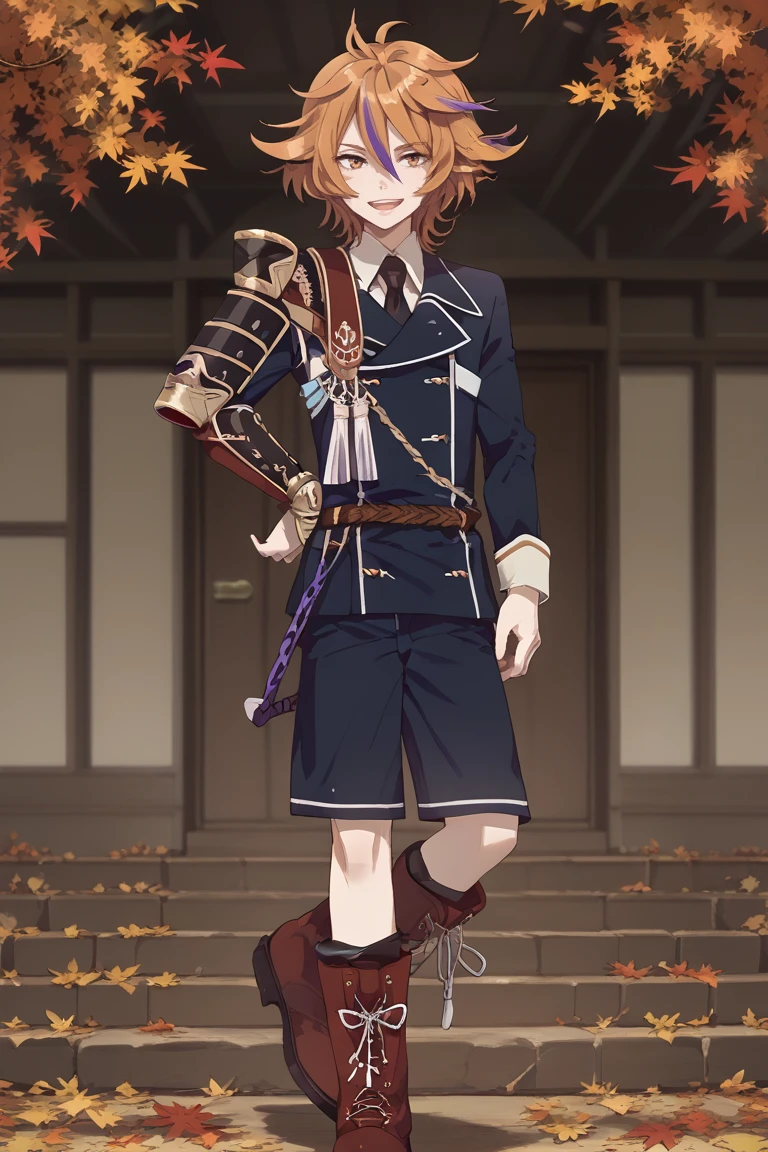 score_9, score_8_up, score_7_up, score_6_up, gotou toushirou, orange hair, orange eyes, hanamaru style, 1boy, male focus, military, cross-laced footwear, shorts, lace-up boots, military uniform, japanese armor, uniform, weapon, short sword, sode, solo, boots, leaf, armor, shoulder armor, tantou, open mouth, sword, smile, autumn leaves, multicolored hair, hand on hip, necktie