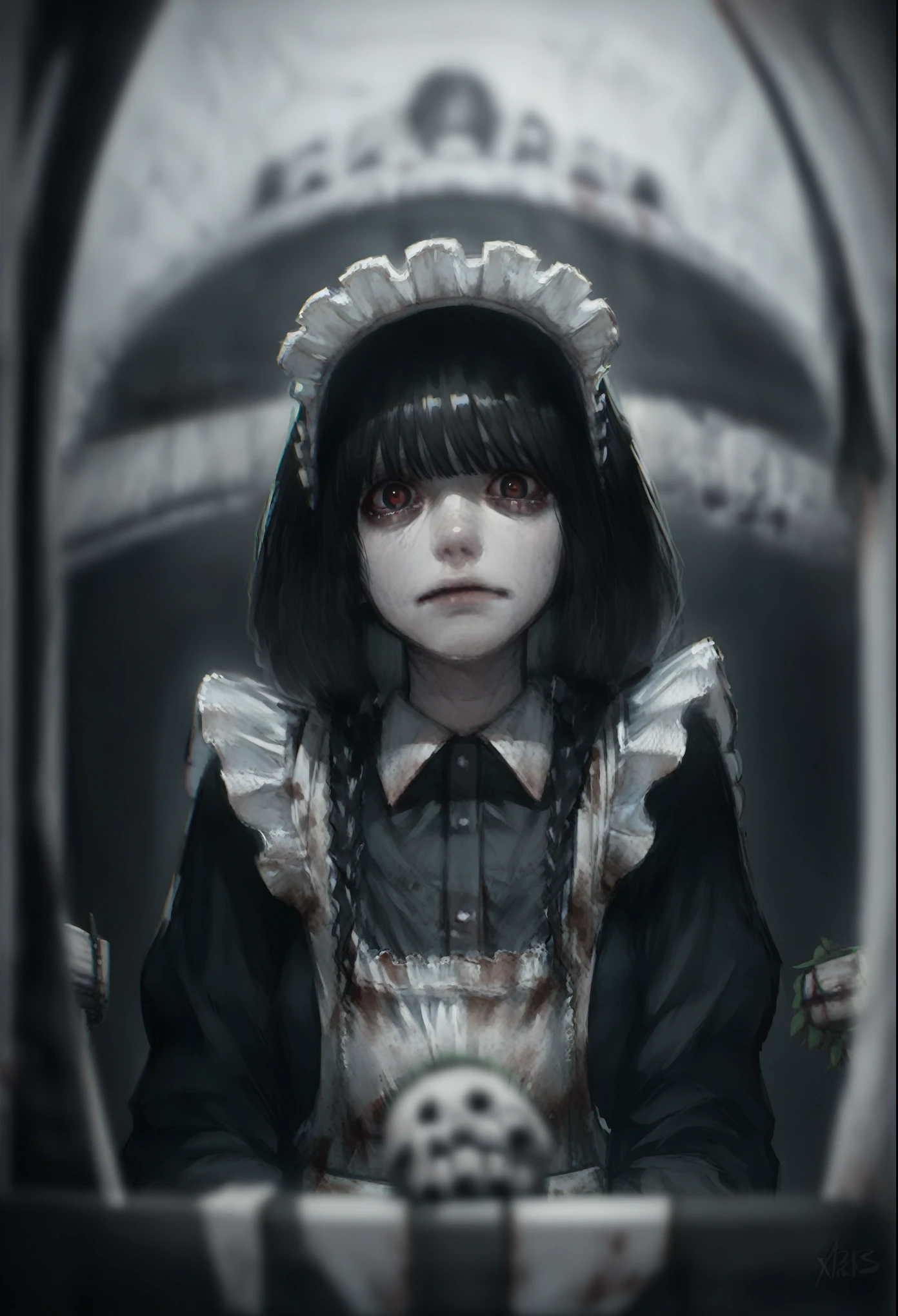 (score_9, score_8_up, score_7_up), depth of field, solo, masterpiece, best quality, unsettling, scary, horror, maid, maid apron, maid headdress, body horror, 1girl,