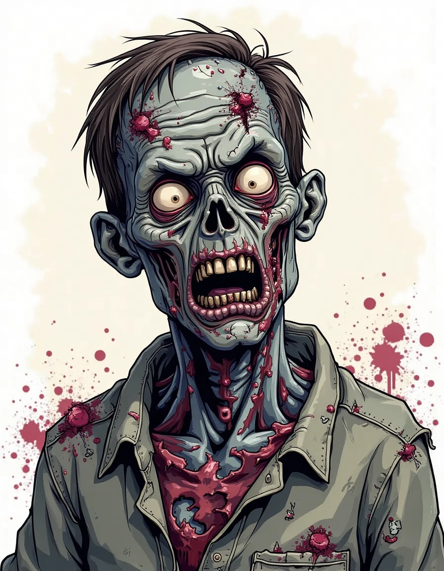 An comic illustration with ink outlines of a male cartoon zombie. The up-close portrait features a zombie with grey skin under drab, torn, and bloody clothing. The illustration is colorful, playful, and creative. <lora:zombiecore:0.7> z0mb1ec0re