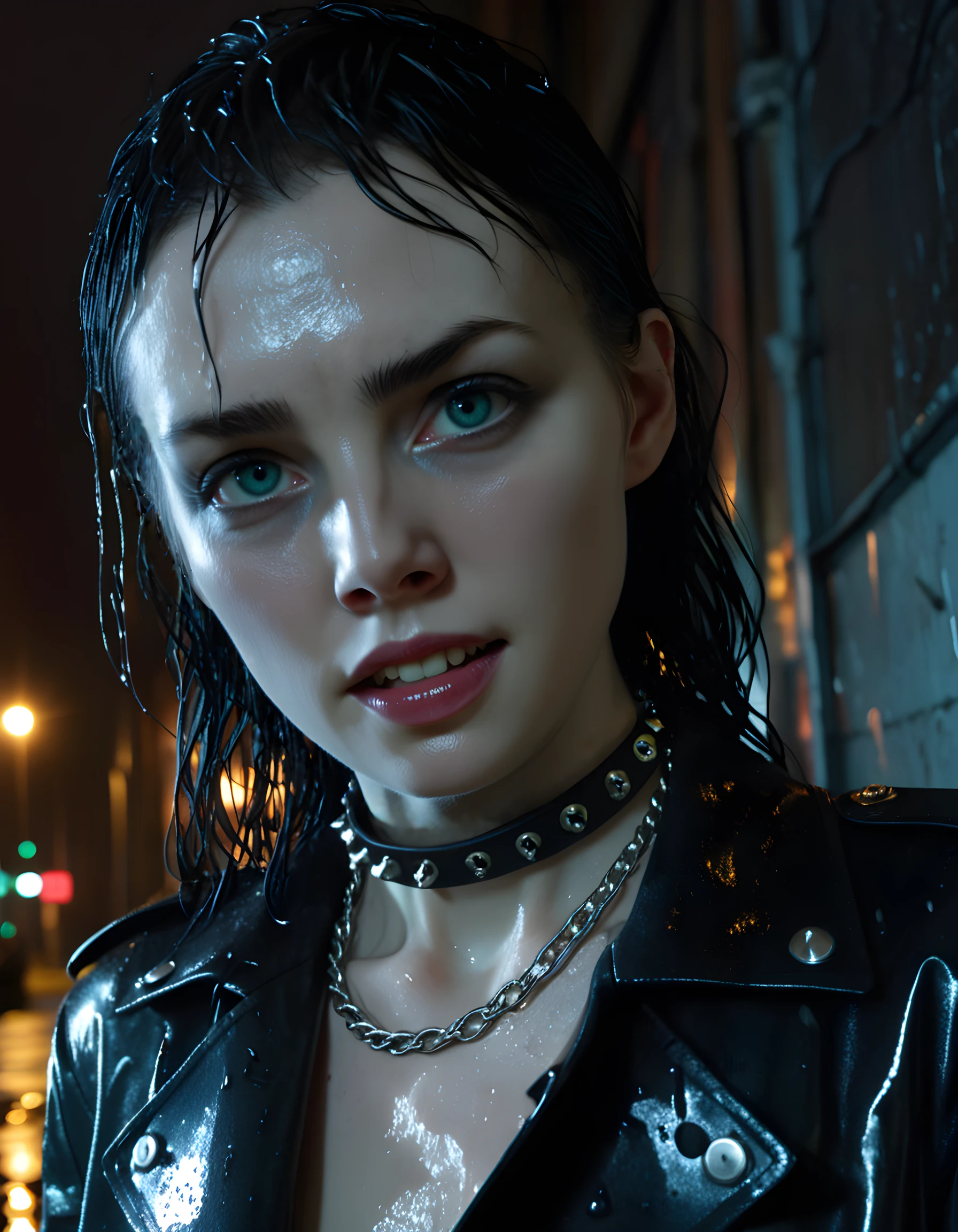 In a gritty, neo-noir setting of a dimly lit, rain-soaked alleyway, the camera is positioned at an angle from below, capturing a close-up image of H4RP0N3S - a woman with long, black hair and piercing blue eyes that seem to glow in the darkness. Her sharp features are accentuated by heavy eyeliner, and her lips, stained with a deep, blood-red lipstick, curl into a knowing smirk. A single strand of hair falls across her face, obscuring one pierced eyebrow ring. Her teeth flash menacingly as she leans against the cold, rusted metal wall, her black leather shirt unbuttoned to reveal a choker adorned with glistening silver skulls around her neck, and a spiked bracelet clinking against the chain wrapped around her wrist. The background is filled with the pulsating neon lights of the city, casting eerie reflections on the wet pavement, creating an unsettling yet captivating emotional tone.