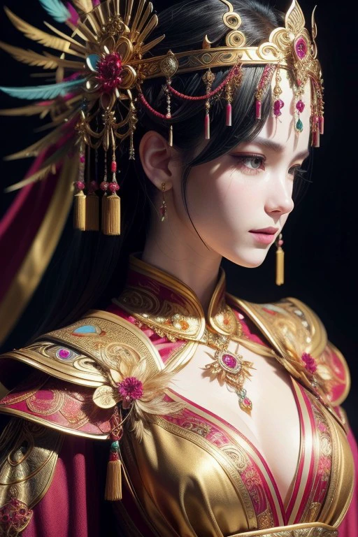 (High quality), (masterpiece), (detailed), 8K, Close-up portrait of a woman's upper body, adorned in exquisite Chinese fantasy attire. (Intricate silk robes1.2) flow gracefully, adorned with (delicate embroidery1.3) and (golden thread1.3). (Elaborate headdress1.2) showcases a fusion of traditional and fantastical elements, with (colorful feathers1.2) and (sparkling gems1.3).