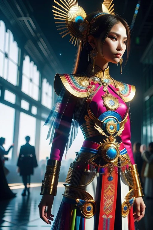 (high quality), (masterpiece), (detailed), 8K, Hyper-realistic painting of a young Indonesian woman wearing a futuristic suit that blends traditional patterns and vibrant colors, showcasing the rich heritage of Indonesia. She stands confidently in a dynamic pose, her detailed eyes reflecting determination and curiosity. The suit's material is a combination of traditional textiles and futuristic synthetic fabrics, giving it a unique and avant-garde appearance. Physically-based rendering techniques create realistic lighting and shadows, while the vivid colors capture the essence of Indonesian cultural aesthetics. The background features a fusion of modern architecture and traditional elements, creating a harmonious blend of the past and the future. This artwork explores the intersection of Indonesian culture, futuristic design, and the artistic representation of a confident girl.