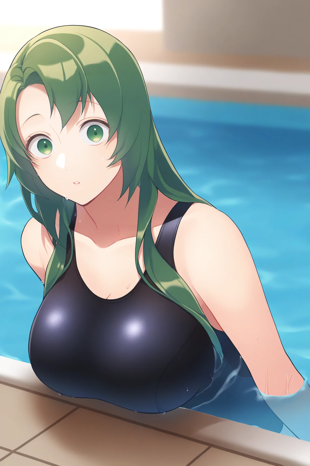 masterpiece, best quality, 1girl, solo, <lora:fececilia-illu-nvwls-v1-000005:1> dfCla, green hair, green eyes, big breasts, black one-piece swimsuit, swimming pool, partially submerged, looking at viewer, surprised, parted lips