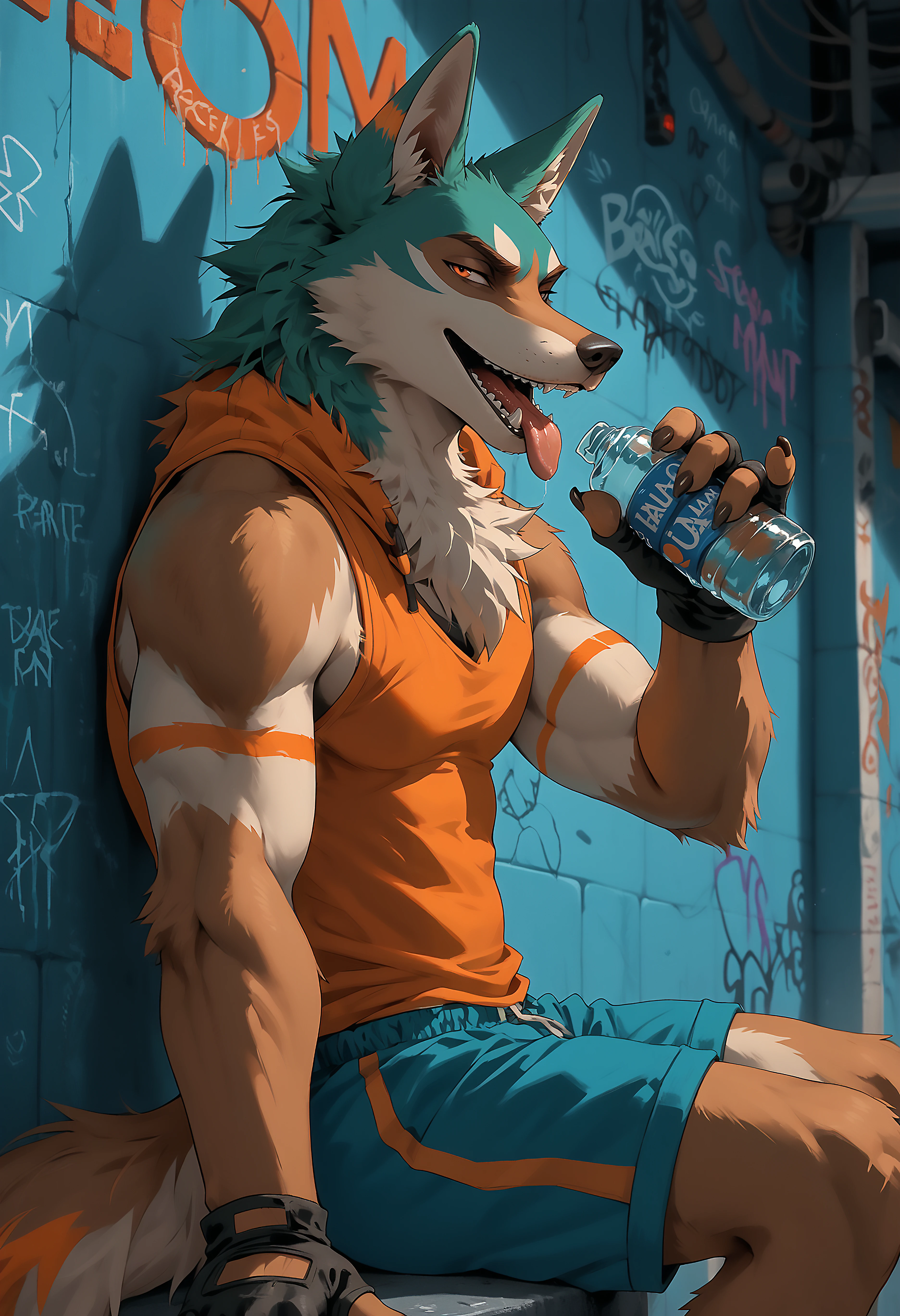 (score_9, score_8_up, score_7_up), source_furry, source_anime, coyote, muscular, bara, mature, (turquoise body, turquoise fur), orange fur, green hair, fingerless gloves, two tone fur, yellow sleeveless jersey, 5 fingers, dark blue shorts, graffiti, decals, stickers, sitting, holding bottle, water bottle, drinking, mouth open, tongue out, panting, breath, street, male, three-quarter portrait, side view, looking at viewer, solo, furry, fur tuft, neck tuft, chest tuft, smug, facial markings, eyes markings, orange markings, stripes, striped fur, vibemix  <lora:Vibemix_Color_Style_PonyXL:0.8>