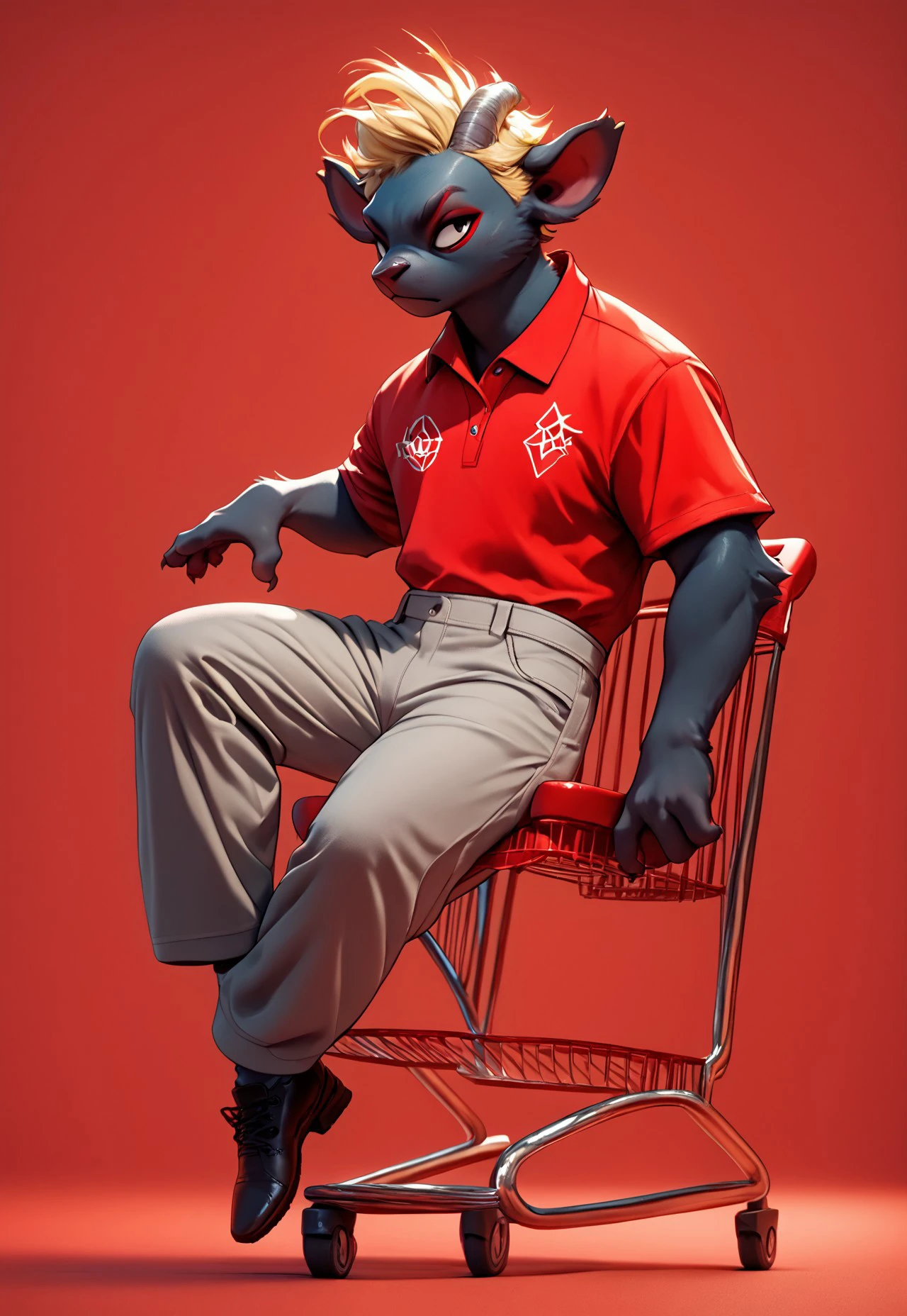 r3dsh1rtd3m0n,  A (furry male:1.3) character with (blonde hair:1.2) wearing a (red polo shirt:1.4) and (grey pants:1.3), sitting on a (chair:1.2) against a (vibrant red background:1.3), (full body:1.2) pose, (black footwear:1.2), simple background, showcasing (male focus:1.3) and (casual style:1.2), score_9, score_8_up, score_7_up, score_6_up, score_5_up, score_5_up, score_4_up