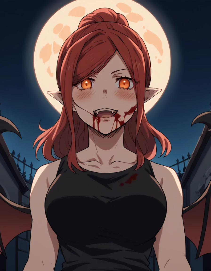 score_9, score_8_up, score_7_up, source_anime, <lora:lisa-isaribe-s1-ponyxl-lora-nochekaiser:1>, lisa isaribe, long hair, ponytail, red hair, orange eyes, large breasts,, <lora:vampire-ponyxl-lora-nochekaiser:1>, vampire, red eyes, pointy ears, fangs, black dress, wings, blood, blood on face, blood on mouth, bat (animal), halloween, halloween costume, upper teeth only, night, moon, blush, smile, open mouth, , dutch angle, cowboy shot