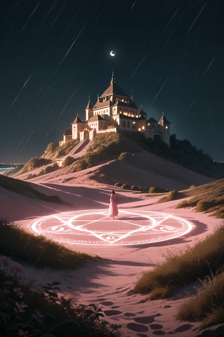 score_9, score_8_up, score_7_up, source_anime, rating_safe, night, dark, raining, natural lighting, sand-structure focus, Dasand, Dasand_architecture, pink sand, magic circle, intricately detailed illustration, atmospheric perspective, depth of field, realistic shading, pink theme