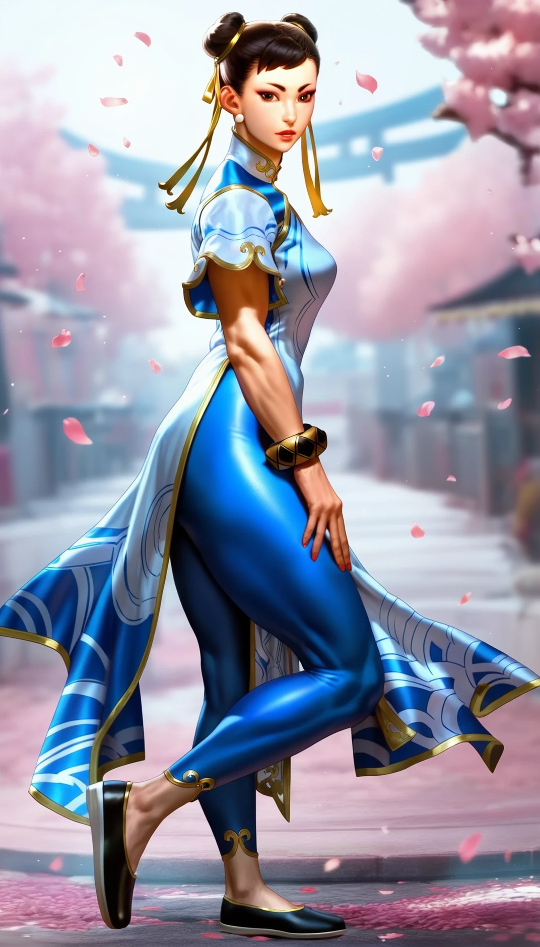 score_9,score_8_up,score_7_up,
<lora:chunli:0.9>,
sf6chunli,
realistic,
a1girl,solo,black hair,double bun,yellow hair ribbon,pearl earrings,brown eyes,looking at viewer,parted lips,light blue qipao,black wrist guards,blue tight pants,black flat shoes,full body,
blurry background,light particles,lens flare,bloom,simple background,falling petals,