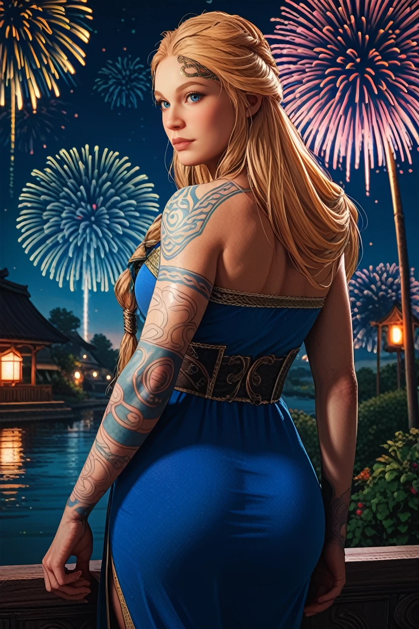 score_9, score_8_up, score_7_up,
 <lora:GOWSif:0.8>
GOWSif, 1girl, blonde hair, blue eyes, long hair, tattoo, looking at viewer, from behind, cowboy shot, dress, looking back, fireworks, at night