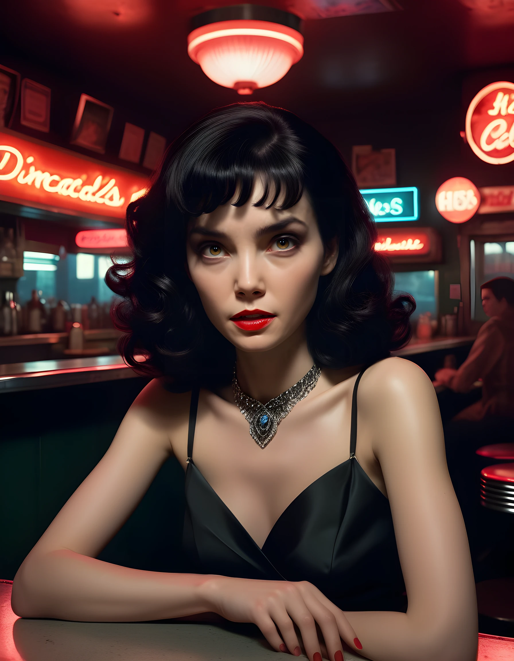 In a gritty, neo-noir setting, a striking woman named H4RP0N3S, her black hair cascading in dark waves over her shoulder, sits alone at the dimly lit bar counter of an abandoned 1950s diner. The camera is positioned low from behind, capturing a close-up of her face framed by a halo of vibrant red neon lights. Her piercing brown eyes lock onto the viewer with a mixture of intrigue and danger, her teeth glinting menacingly as she clutches a crystal goblet filled with an ominous-looking cocktail. A single strand of hair falls across her face, casting an eerie shadow over one of her exquisite silver chokers, creating an unsettling yet mesmerizing image that speaks to the enigmatic allure and deadly mystery of this captivating femme fatale.