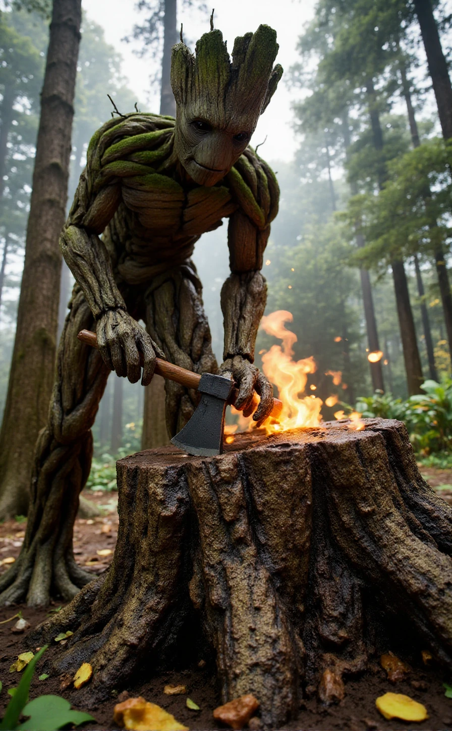 Adult Groot is cutting a tree in a forest using an axe <lora:Groot:0.9>