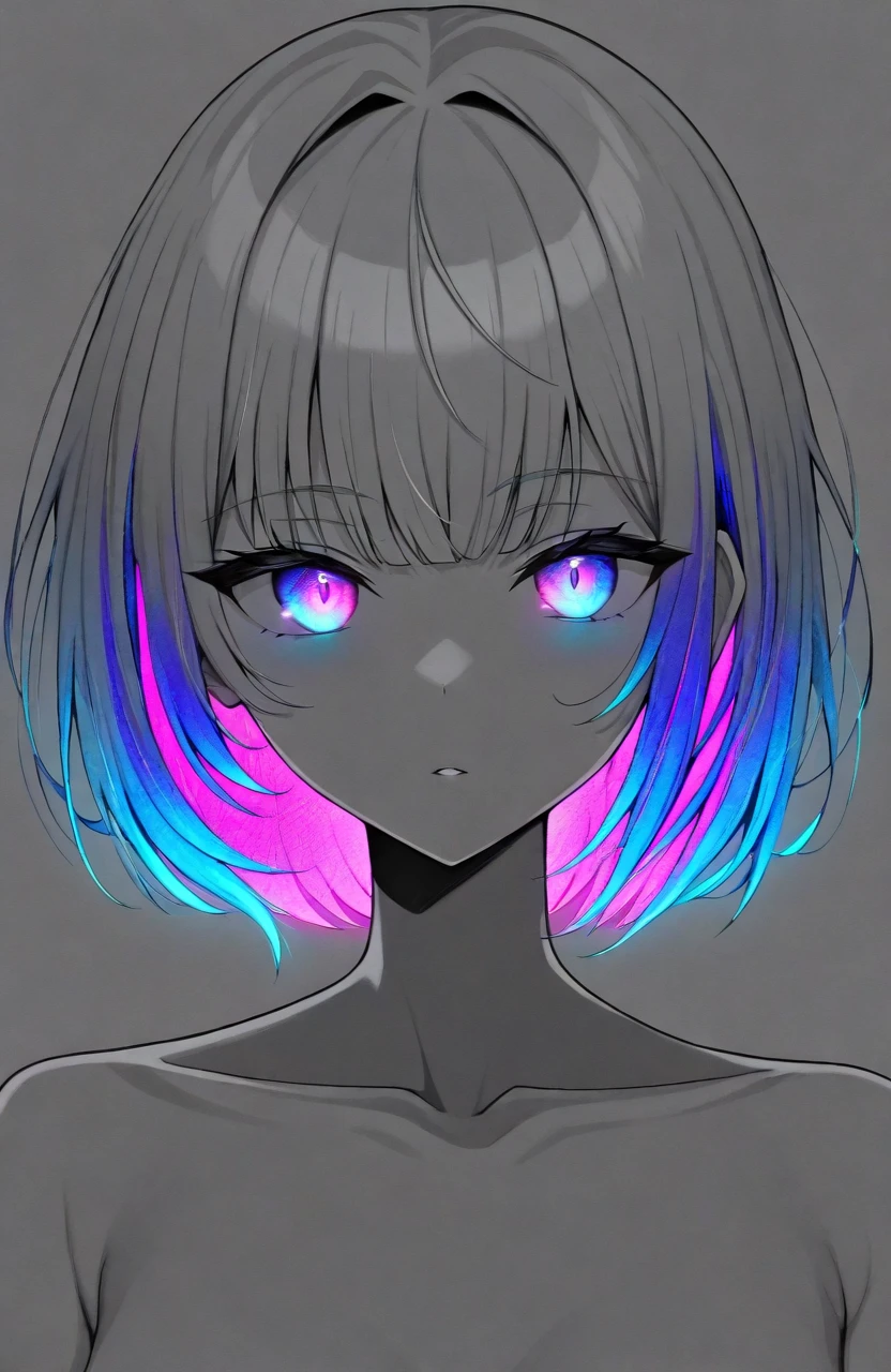 (Score_9,  score_8, score_6, score_7:0.6), masterpiece, best quality, good quality, newest, upper body, 1girl, solo, short hair, grey hair, parted lips, looking at viewer, glowing inner hair, rainbow inner hair, rainbow eyes, multicolored hair, portrait, grey background, bangs, collarbone, upper body, simple background, monochrome, <lora:Glowing_Spot_Color_-_Illustrious:1>âââ