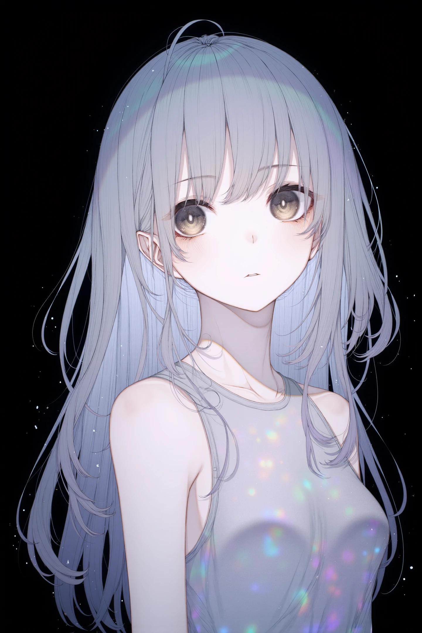 This is a digital illustration in an anime style,featuring a young woman with ethereal,flowing hair. The character has long,wavy hair that cascades down her shoulders,adorned with a shimmering,iridescent quality that reflects various hues of blue,green,and purple. Her hair appears to be a mix of light and dark shades,creating a dynamic and vibrant texture. She has large,expressive eyes that are a deep,rich brown,with a slight sparkle,and her facial features are delicate and youthful. Her skin is pale,enhancing the contrast with her hair and eyes. She wears a sleeveless top that is transparent,revealing a hint of her shoulders and upper chest. The background is a solid black,which makes the character and her hair stand out vividly. The illustration is characterized by a high level of detail and a smooth,polished finish,typical of digital art. The overall aesthetic is dreamy and whimsical,with an emphasis on the character's fluid,almost otherworldly appearance.,
<lora:Hito komoru_FLUX:1>,