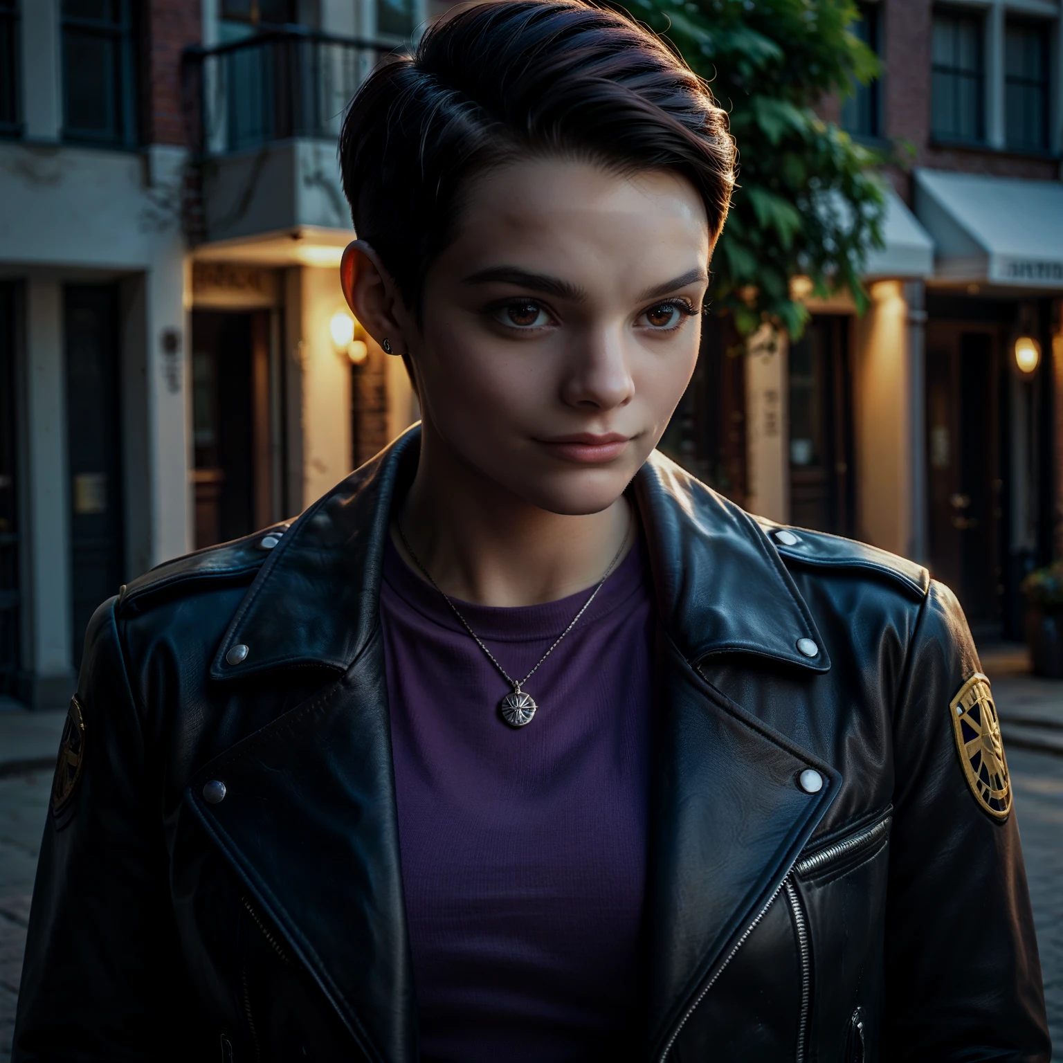 rating_safe, zPDXL3, score_9, score_8_up, score_7_up, score_6_up, score_5_up, score_4_up, highres, incredibly absurdres, highly detailed, dim lighting, outdoors, closed mouth, 1girl, solo,  <lora:Brianna_Hildebrand:0.6> brianna hildebrand, black hair, very short hair, buzz cut, crew cut, brown eyes, black leather jacket, purple shirt