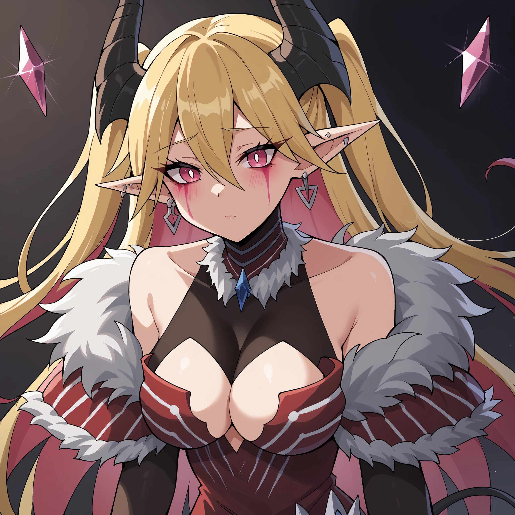 score_9, score_7,  <lora:lacrima-XL-V1:1>,  lacrima, hair between eyes, black horns, pink eyes, twintails, pointy ears, blonde hair, earrings, pink facial mark, demon horns, ear piercing,very long hair, multicolored hair, red dress, fur trim, elbow gloves, cleavage cutout, gem, bridal gauntlets, uneven legwear, single legewar,âââ