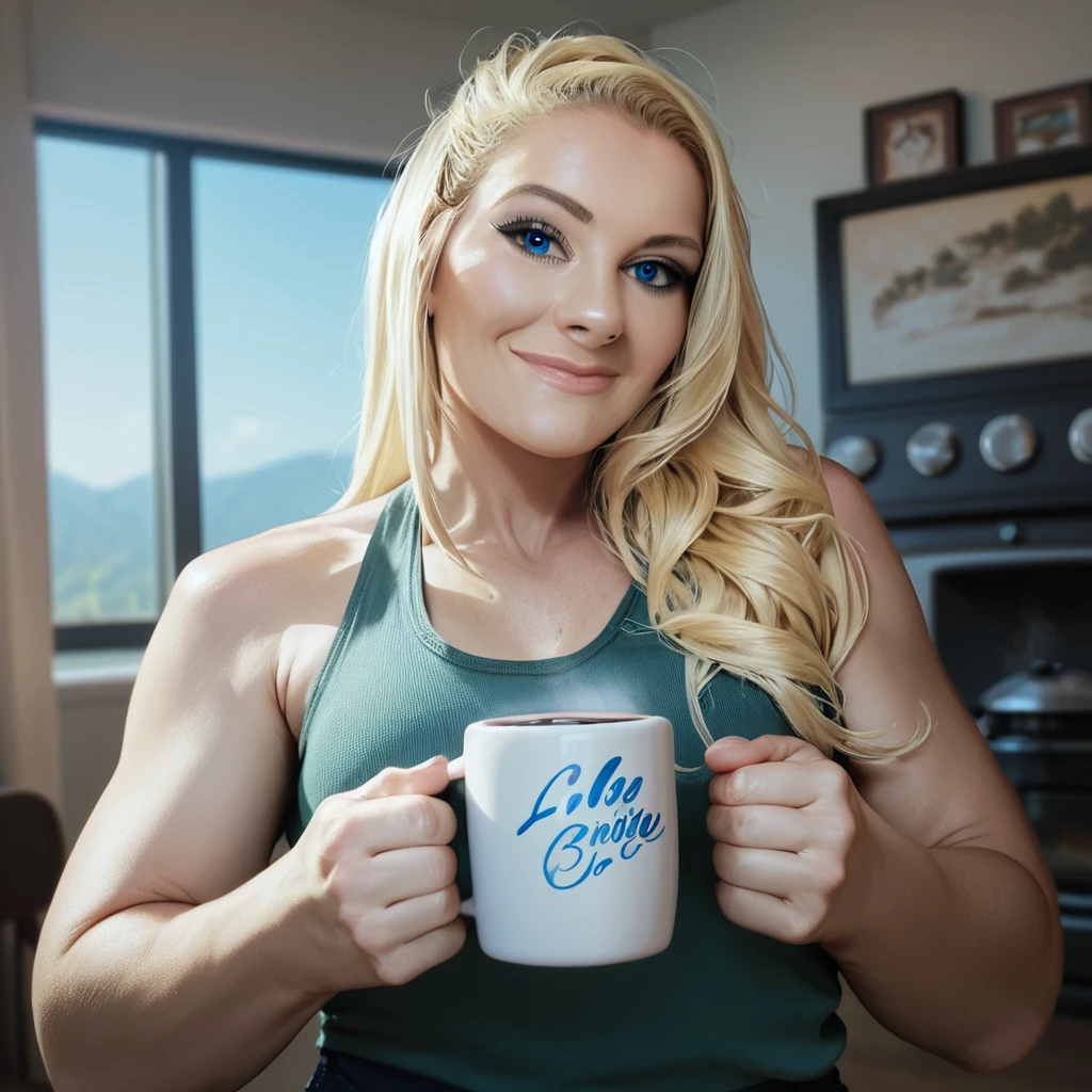 <lora:Pony_Lacey_Evans:1>,score_9, score_8_up, score_7_up, l@ceyev@ns, 1girl, blonde hair,  solo, long hair, looking at viewer, realistic, tank top, cup, mug, coffee mug, holding cup, smile, blue eyes, closed mouth