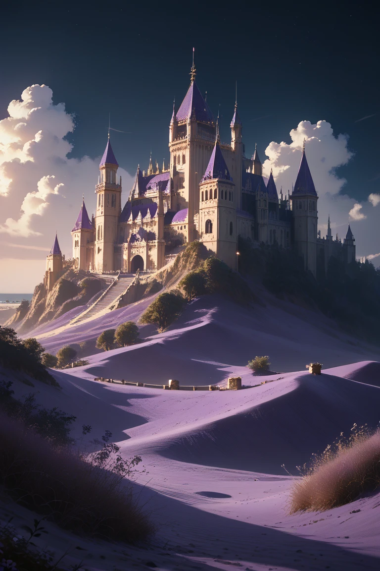 score_9, score_8_up, score_7_up, source_anime, rating_safe, night, dark, natural lighting, sand-structure focus, Dasand, Dasand_architecture, purple sand, castle, intricately detailed illustration, atmospheric perspective, depth of field, realistic shading, purple theme