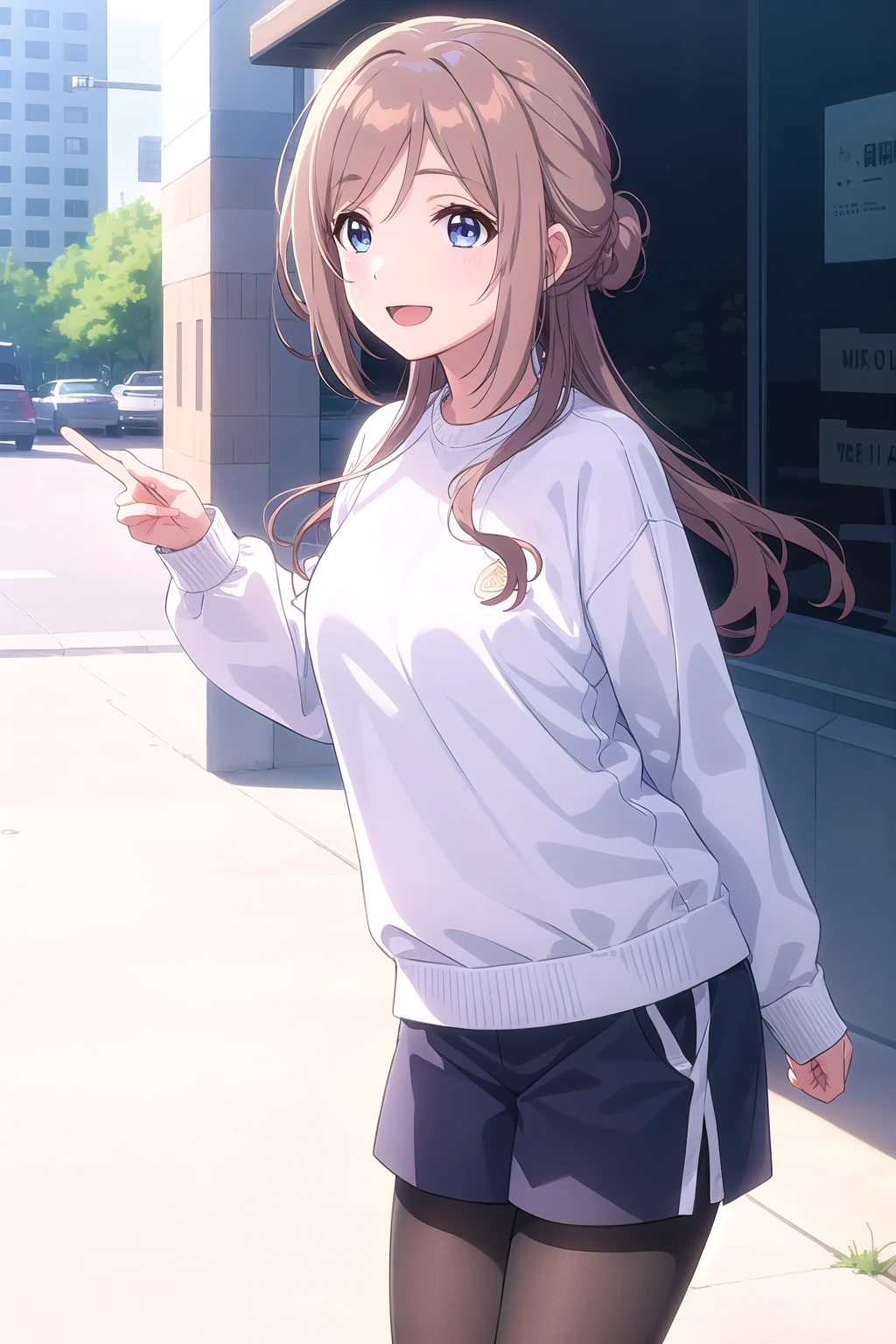 (masterpiece, best quality), highly detailed background, perfect lightingbest quality, himesakirinami, solo, outdoors, city, nature, light brown hair, single hair bun, swept bangs, sidelocks, long hair, blue eyes, medium breasts, white sweater, long sleeves, black shorts, short shorts, black pantyhose, smile, open mouth, :d, <lora:Himesaki-Rinami:0.7>