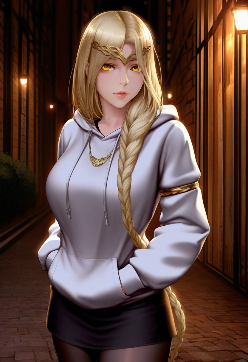 artist:bigpeaches, artist:lun7732, artist:tanabe kyou, artist:antechinus, realistic, masterpiece, best quality, 1girl, QueenMarika, yellow eyes, single braid, jewelry, necklace, forehead jewel, armlet, <lora:QueenMarika_illusXL_Incrs_v1.1:1>, <lora:ChamIllustriousBackgroundEnhancer:0.8>, white hoodie, skirt, black pantyhose, night, outdoors, street, hands in pockets,