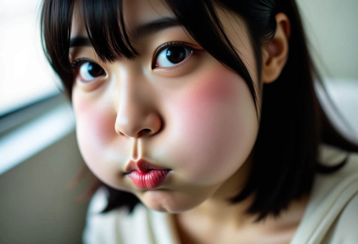 A real life photo of a woman with puffedoutcheeks. The woman is Japanese. She looks at the viewer, and her head is tilted to the side slightly and also slightly looking down. Her cheeks are puffed out, round and full of air. Her lips are puckered. She has black hair. Light reflects off of her puffedupcheeks. The indoors is in the background of the woman. The photo is an upper body shot.