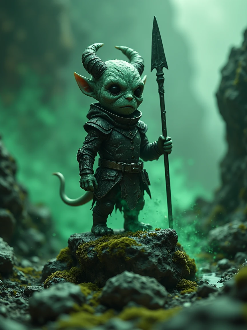 a playful real  fuzzy Impish devil creature stands atop a small rock. Green glowing lava flows around the stony surfaces of the hell he dwells in. Atmospheric demonic landscape and scenery. Artistic composition and angle. The little creatureis wearing black steel armor and holding  a spear.