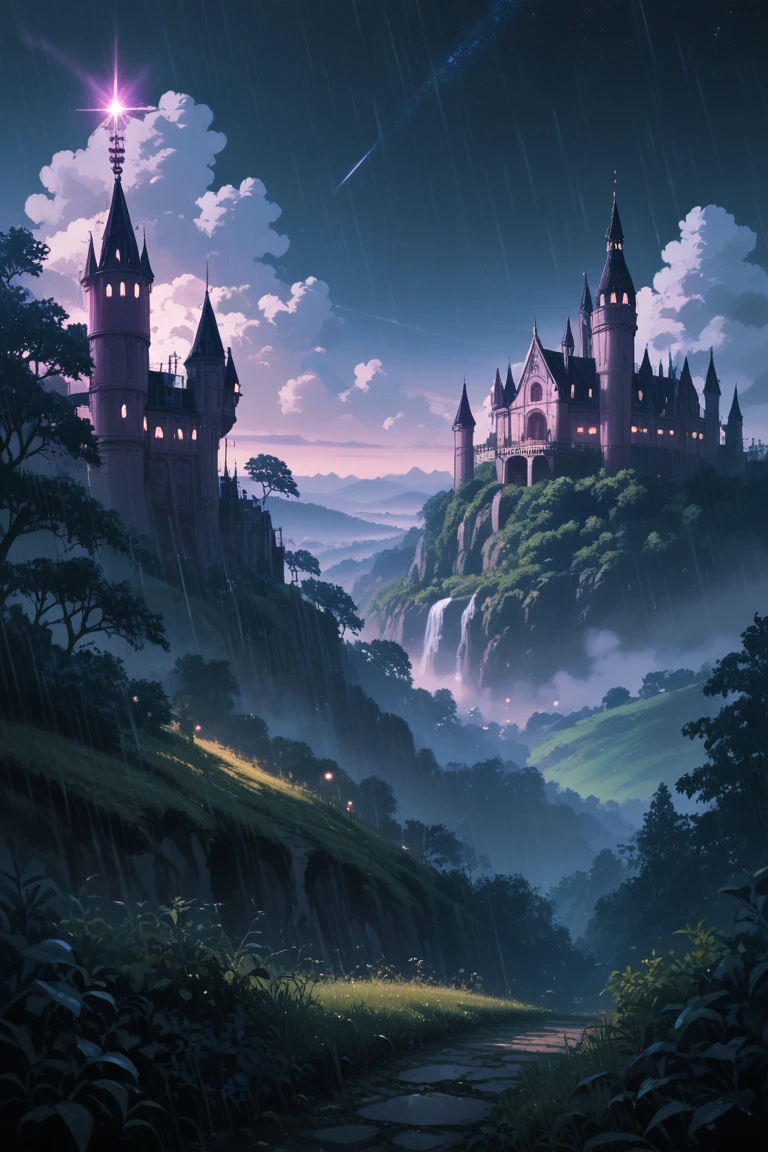 score_9, score_8_up, score_7_up, source_anime, rating_safe, night, dark, raining, castle, natural lighting, rolling hills focus, CandiRH, RH_1stclutter, purple hills, wide shot, negative space, scenery, intricately detailed illustration, depth of field, atmospheric perspective, realistic shading, purlpe theme, horror (theme)