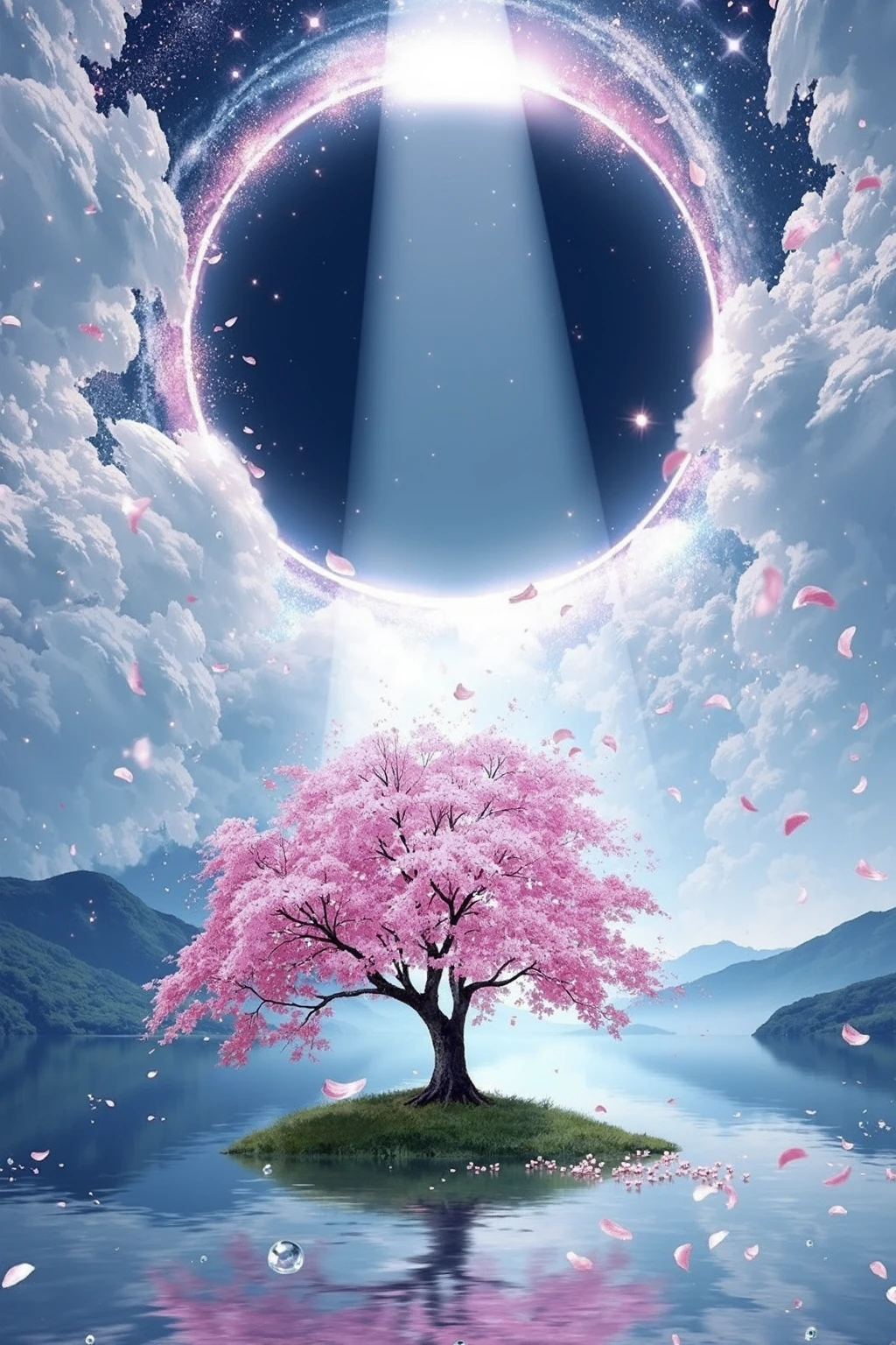 This image presents a beautifully serene and mystical scene that combines elements of nature with an otherworldly atmosphere. The focal point of the image is a solitary cherry blossom tree, blooming with delicate pink flowers, standing on a small patch of grass that floats in the middle of a calm, reflective body of water. The tree appears tranquil and peaceful, evoking a sense of harmony and solitude.
Above the tree, the sky is dominated by a massive, circular opening in the clouds, resembling a celestial portal or a black hole. Light beams pour down from this opening, illuminating the tree and water below in soft, ethereal rays. The surrounding clouds are thick and billowing, creating a sense of grandeur and height, almost as if the scene is taking place in a divine or heavenly realm. Small glowing particles and petals float around, adding a sense of movement and magic to the otherwise still scene.
The contrast between the dark, mysterious opening in the sky and the soft, radiant light that bathes the landscape below suggests themes of enlightenment, rebirth, or transcendence. The image evokes a feeling of awe and wonder, as if the viewer is witnessing a moment of profound beauty or spiritual significance, with the lone tree serving as a symbol of life amidst a vast, cosmic backdrop.
,  <lora:makinaflux_bluedream_v1.0:1>