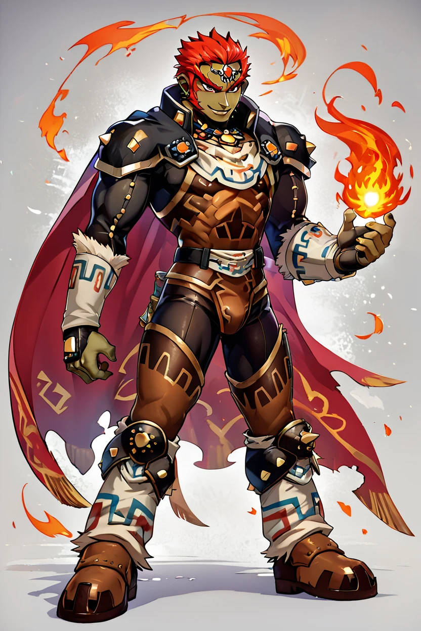 score_9, score_8_up, score_8,   BREAK, , ,,, zzGanondorf, 1boy, red hair, dark skin, armor, gloves, jewelry, boots, muscular, shoulder pads, short hair, cape, muscular,  fire, aura,  <lora:Ganondorf_OoTZelda_PDXL:0.8>,   ,,,, BREAK, smile, looking at viewer, ,,, abstract background, white outline, cowboy shot, ,,, embedding:zPDXL, Expressiveh, ,,, <lora:CatalystStylePDXL:0.6>, <lora:SDXLFaeTastic2400:0.5>, <lora:Expressive_H-000001:0.4>,