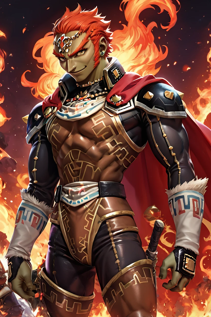 score_9, score_8_up, score_8,   BREAK, , ,,, (upper body),  zzGanondorf, 1boy, red hair, dark skin, armor, gloves, jewelry, muscular, shoulder pads, short hair, cape, muscular,  fire, aura,  <lora:Ganondorf_OoTZelda_PDXL:0.8>,   ,,,, BREAK, smile, closed mouth, looking at viewer, cowboy shot, ,,, embedding:zPDXL, Expressiveh, ,,, <lora:BeautifulCAT_PDXL:0.7>, <lora:SDXLFaeTastic2400:0.5>, <lora:Expressive_H-000001:0.4>,