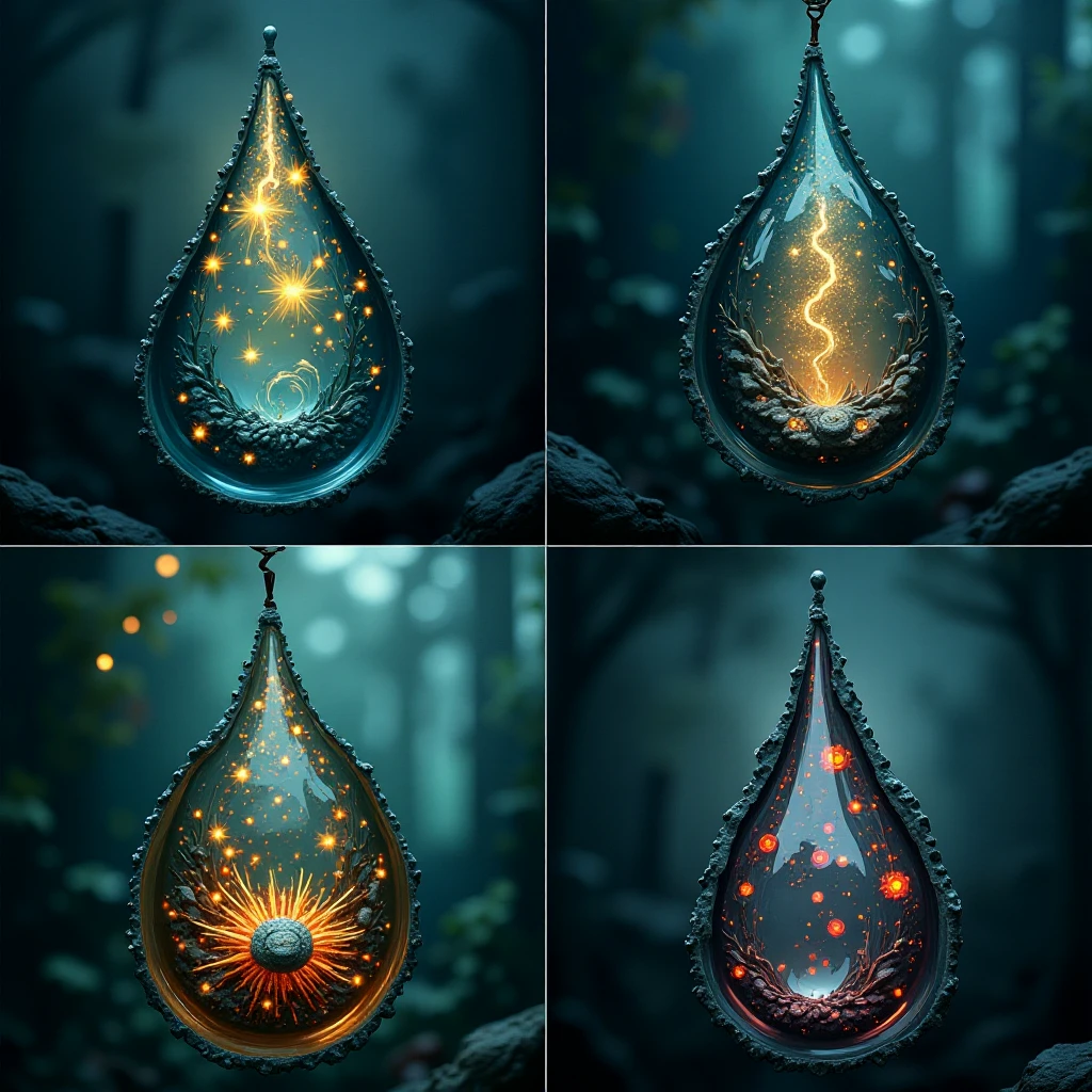 4 photos.

A teardrop. Life within a teardrop. Shimmering, glassy.

Fantasy style.

qdrltyCE style
