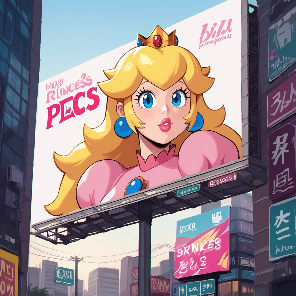 score_9, score_8_up, score_7_up, score_6_up, score_5_up, score_4_up, zPDXL2,source_anime,rating_questionable, <lora:Billboard:0.8> b1llbo4rd, billboard, advertisement, day time, urban, princess peach, lipstick