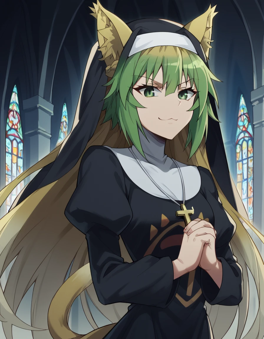 score_9, score_8_up, score_7_up, source_anime, <lora:atalanta-apocrypha-s1-ponyxl-lora-nochekaiser:1>, atalanta, animal ears, blonde hair, cat ears, cat girl, cat tail, green eyes, green hair, hair between eyes, long hair, multicolored hair, tail, medium breasts,, <lora:traditional-nun-ponyxl-lora-nochekaiser:1>, traditional nun, nun, habit, long sleeves, dress, black dress, jewelry, black veil, cross, cross necklace,, church, smug, praying,, , dutch angle, cowboy shot