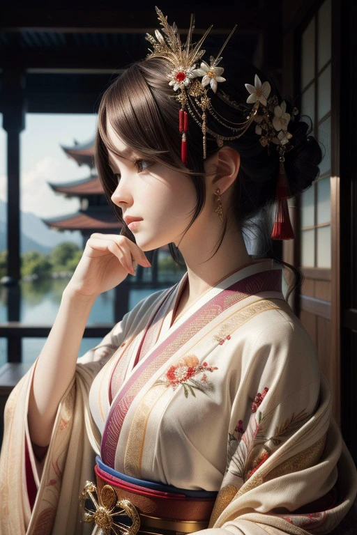 (High quality), (masterpiece), (detailed), 8K, A captivating portrait of a young woman with (delicate features1.2) emerges, adorned in a (fantastical1.2) Japanese-inspired ensemble. Her (kimono1.2) features intricate (embroidery1.2) and a (flowing1.2) silhouette, complemented by a (traditional1.2) obi belt. (Intricate1.2) hair accessories and a (delicate1.2) floral hairpiece complete the look, creating a (timeless1.2) and (elegant1.2) fusion of fantasy and culture.