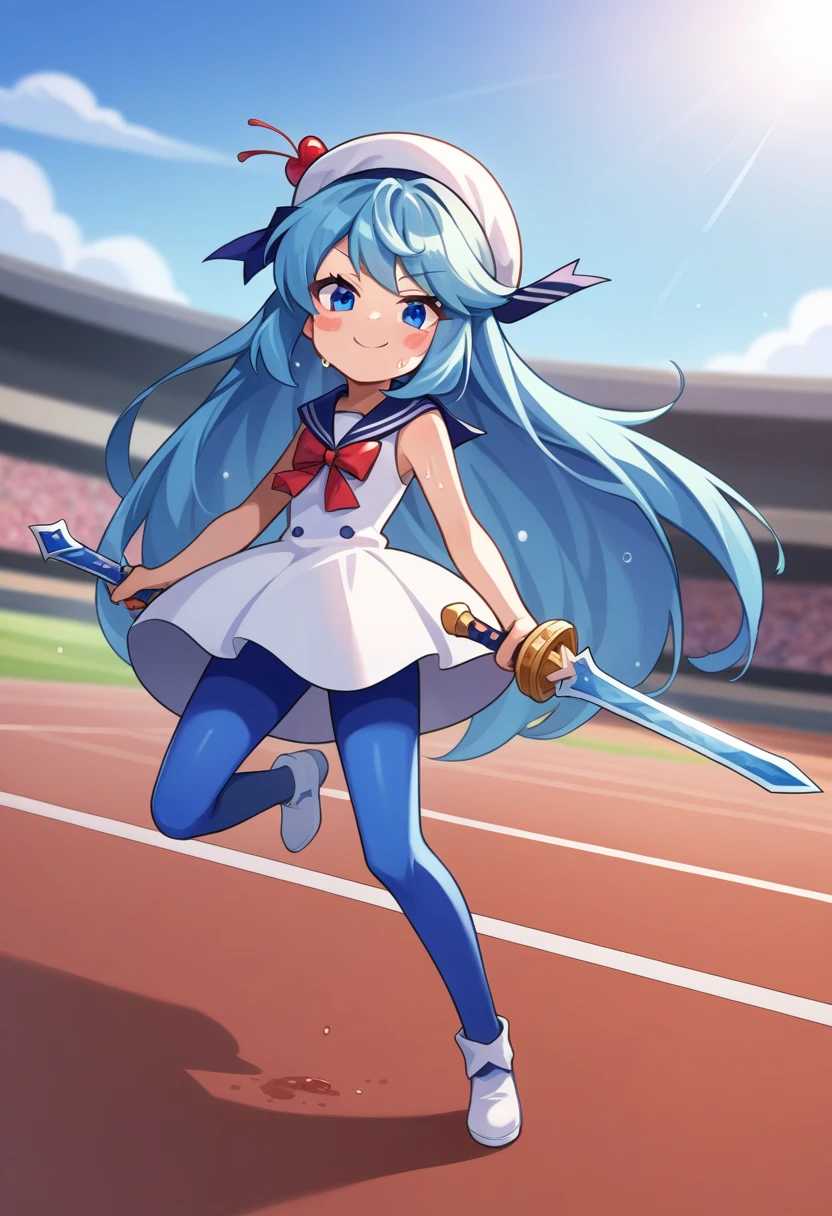 score_9, score_7_up, source_anime, BREAK
creamsoda, antro, female, 1girl, solo, long hair, looking at viewer, smile, blue eyes, arena, hat, dress, holding, very long hair, blue hair, full body, weapon, blue pantyhose, sword, sailor collar, holding weapon, blush stickers, holding sword, absurdly long hair, cherry, liquid hair, battlepose, sleeveless, sweat