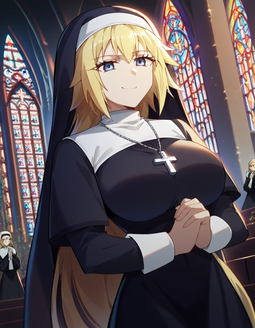 score_9, score_8_up, score_7_up, source_anime, <lora:jeanne-d-arc-apocrypha-s1-ponyxl-lora-nochekaiser:1>, jeanne d arc, blonde hair, blue eyes, long hair, large breasts,, <lora:traditional-nun-ponyxl-lora-nochekaiser:1>, traditional nun, nun, habit, long sleeves, dress, black dress, jewelry, black veil, cross, cross necklace,, church, smug, praying,, , dutch angle, cowboy shot