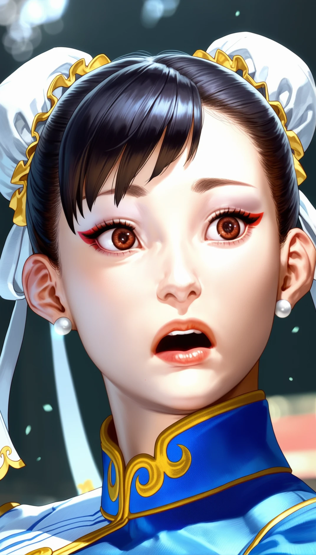 score_9,score_8_up,score_7_up,
<lora:chunli:0.9>,
sf6chunli,
realistic,
1girl, solo, black hair, double bun, white hair ornament with white ribbon, pearl earrings, brown eyes, looking up, surprised, open mouth, deep blue qipao, portrait, face focus,
blurry background,light particles,lens flare,bloom,simple background,