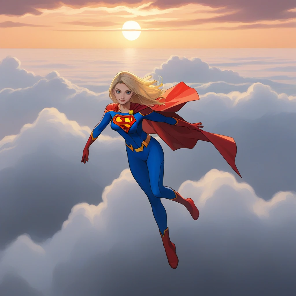 score_9, score_8_up, score_7_up, score_6_up, score_5_up, score_4_up, zPDXL2,source_anime,rating_questionable,1girl, supergirl, gentle smile, solo, looking at viewer, blonde hair, body suit, cape, high angle, <lora:Above_Clouds:0.4> 4bov3cld, clouds, sky, superhero, floating, lounging, above clouds, sunset