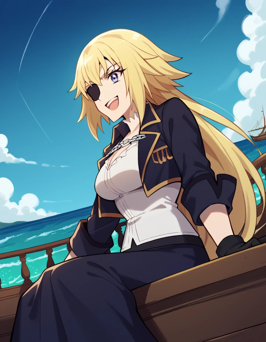 score_9, score_8_up, score_7_up, source_anime, <lora:jeanne-d-arc-apocrypha-s1-ponyxl-lora-nochekaiser:1>, jeanne d arc, blonde hair, blue eyes, long hair, large breasts,, <lora:pirate-costume-ponyxl-lora-nochekaiser:1>, pirate costume, pirate hat, skirt, gloves, jacket, shirt, eyepatch,, blue sky, sea, ocean, pirate ship, treasure, gold, smug, open mouth, from below, sitting,, , dutch angle, cowboy shot