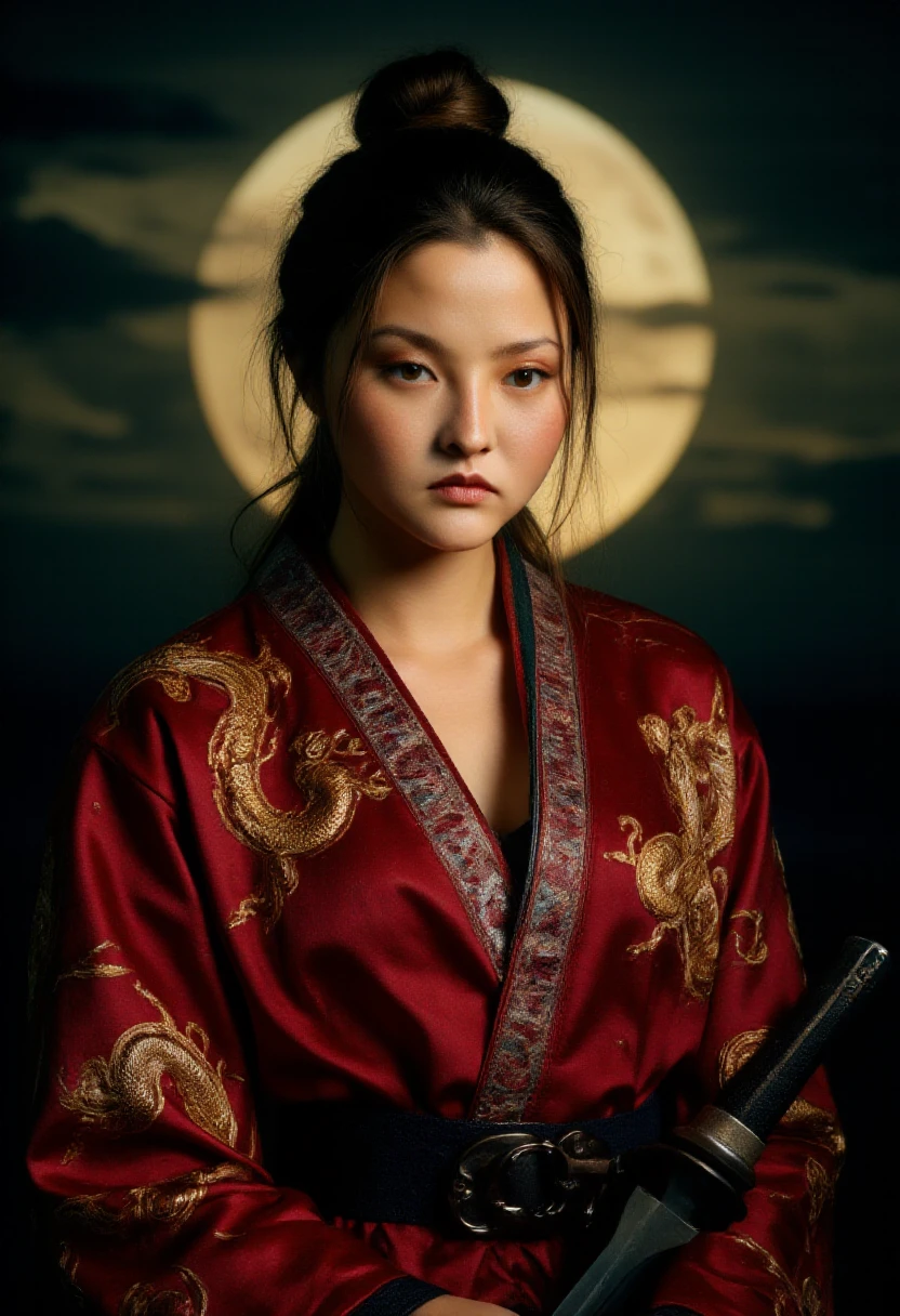 oil painting, art of jean leon gerome, A beautiful young samurai woman opt-devonaoki, her hair tied back into a high ponytail, leaving her face exposed. She wears a deep red kimono, intricately embroidered with golden dragons, and her katana rests unsheathed in front of her, its blade glinting under the moonlight. Her eyes are intense, filled with quiet fury as she gazes forward, prepared for battle. bokeh, masterpiece, high quality, film grain, hyper detailed <lora:flux_realism_lora:0.7> <lora:fluxenhancer:0.2> <lora:Aura_Flux:0.3> <lora:Dever_Flux_Enhancer:.5><lora:OPT_-_Devon_Aoki_Flux:1>