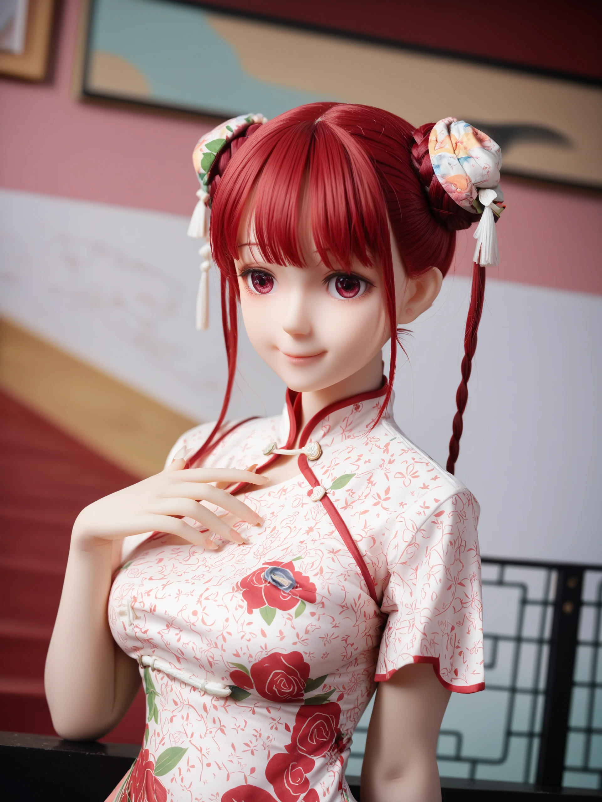 score_9,score_8_up,score_7_up,photo background,
1girl,black_hair,blurry_background,braid,brown_eyes,china_dress,closed_mouth,commentary_request,depth_of_field,double_bun,fingernails,floral_print,hair_flower,hand_on_own_chest,hand_up,medium_breasts,print_dress,red_dress,red_rose,shiki_natsume,short_sleeves,sidelocks,smile,solo,upper_body,white_flowe,