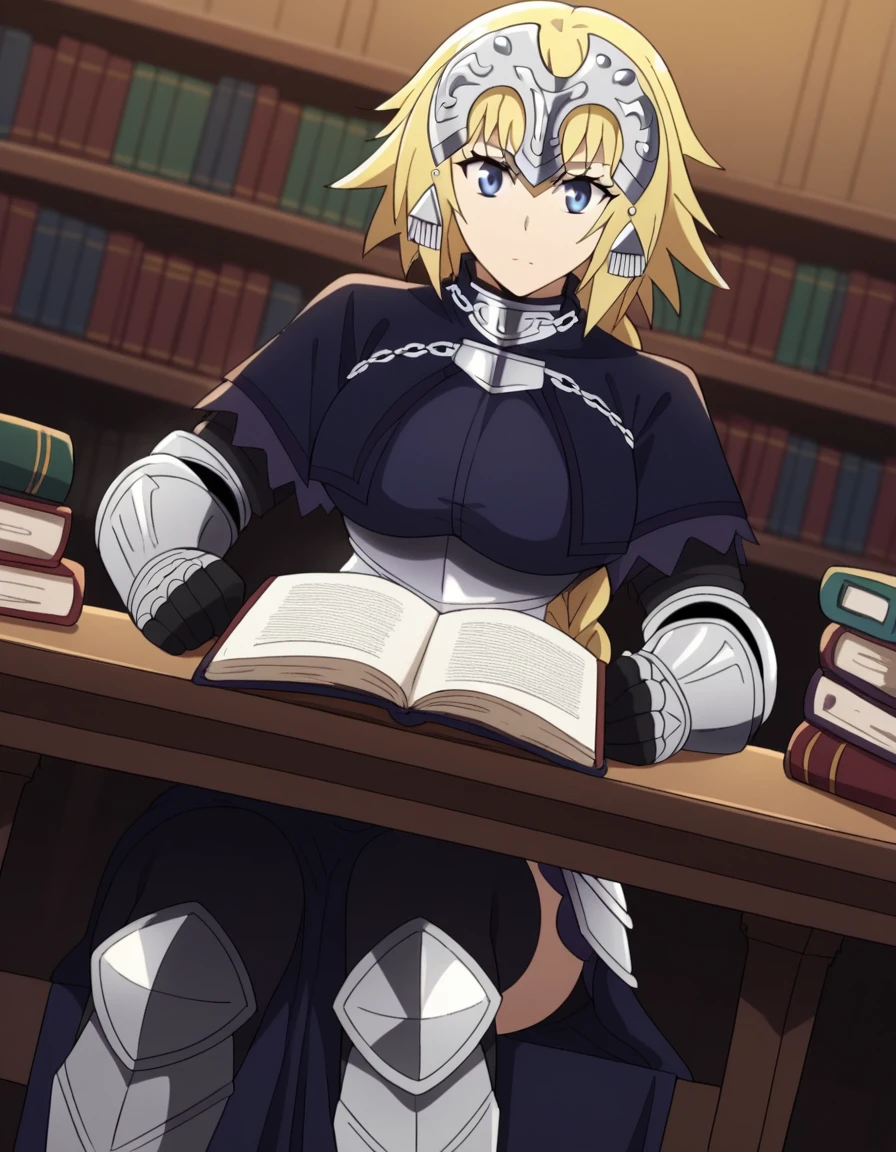 score_9, score_8_up, score_7_up, source_anime, <lora:jeanne-d-arc-apocrypha-s1-ponyxl-lora-nochekaiser:1>, jeanne d arc, blonde hair, blue eyes, long hair, large breasts,, armor, armored boots, armored dress, black gloves, black thighhighs, braid, dress, gauntlets, gloves, headpiece, blue dress, single braid, thighhighs,, bookstore, browsing shelves, new book smell, finding a favorite, quiet atmosphere, , sitting, elbow rest, table,, looking at viewer, solo,, dutch angle, cowboy shot