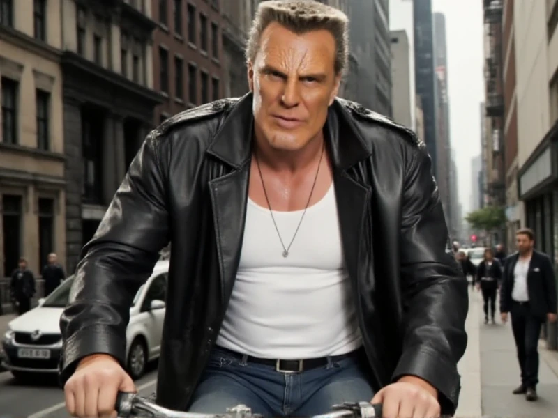 Marv wears a white tshirt and a long leather jacket. He is riding a bicycle <lora:Marv:0.9>