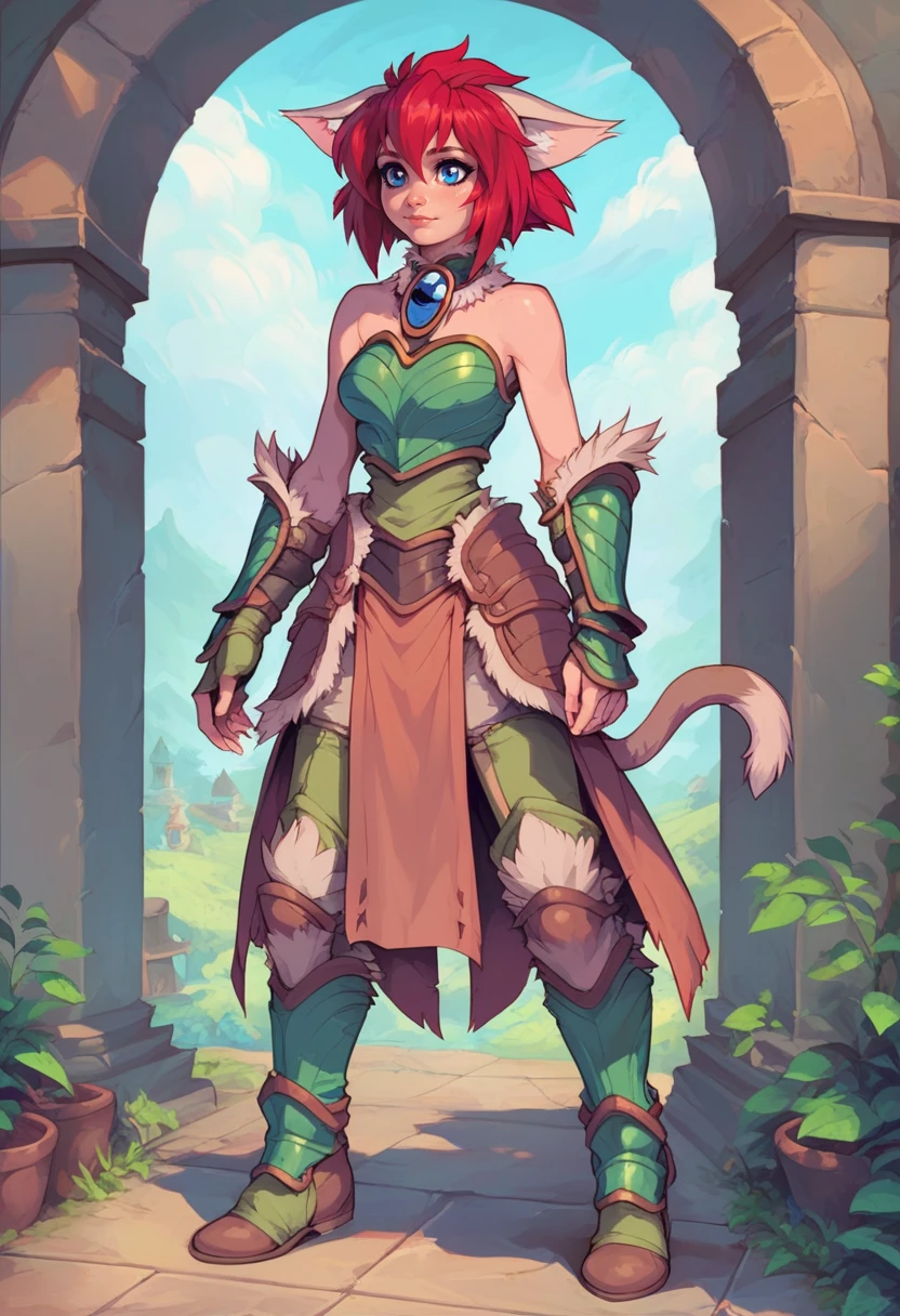 marinbravesoul, 1girl, solo, standing, blue eyes,  full body shot, cat ears, cat tail, red hair, green armor, bare shoulder, brown skirt,  fur chocker,  indoor, fantasy towern, <lora:MarinBraveSoulV2_telr0.0003:0.85>, <lora:CALM_testXL_4image_125steps:0.75>, score_9, score_8_up, score_7_up,