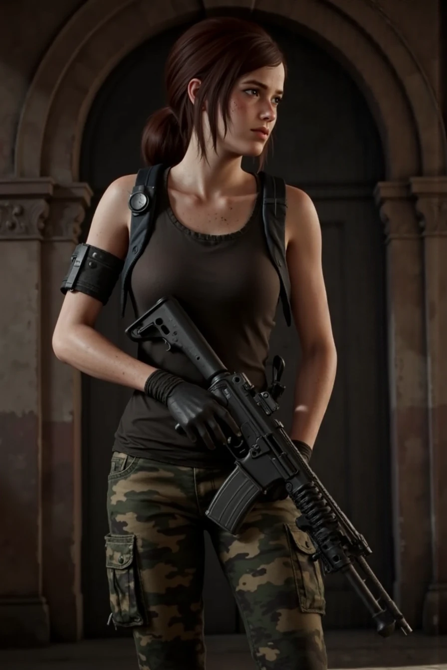 This is a highly detailed, digitally rendered photograph featuring a young woman in a military-inspired outfit, standing in a dimly lit, ornate room with a classical, baroque-style architectural background. The woman, with fair skin and pink hair styled in a sleek, low bun, is looking over her shoulder with a serious expression. She is wearing a camouflage military-style uniform consisting of a black tank top, camo-print shorts, and a utility belt with various pouches and accessories. Her outfit is complemented by black fingerless gloves and a camo-print armband on her right arm. She holds a large, black assault rifle with both hands, aimed towards the camera, emphasizing her readiness and determination.
The background is an intricately detailed wall with a large, arched, ornate window frame, painted in muted tones of brown and gray, adding a contrast to the modern military attire of the subject. The lighting is dramatic, casting deep shadows and highlighting her form, creating a stark contrast between the light and dark areas. The overall mood is intense and edgy, blending elements of military strength with a touch of classical elegance. The image is highly polished, with a realistic texture and detailed rendering, making it appear almost lifelike.<lora:last1:1>