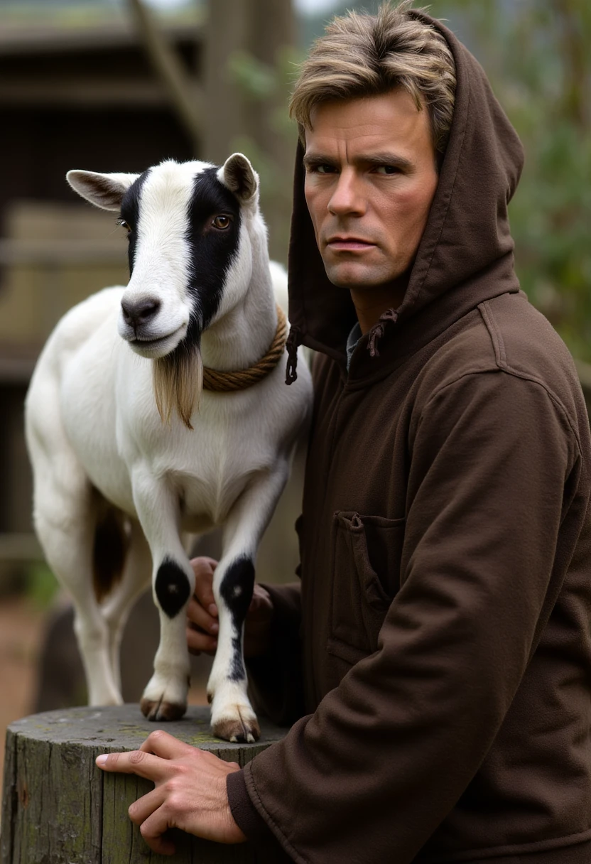 This is a photograph featuring a man and a goat. The man, positioned on the right side of the image, has short, tousled, light brown hair and is wearing a brown, hooded robe that appears to be made of a coarse fabric. He has a serious expression on his face, gazing directly at the viewer. The goat, located on the left side of the image, is standing on a wooden post and is secured by a rope tied around its neck. The goat has a predominantly white coat with black patches on its face and ears. Its eyes are alert, and it appears to be looking at the man. The background is slightly out of focus, but it appears to be a rustic, possibly outdoor setting, with hints of foliage and weathered wooden structures. The overall tone of the photograph is somber and slightly dramatic, emphasizing the man’s contemplative expression and the goat’s attentive gaze. The textures of the man’s robe and the goat’s fur are clearly visible, adding depth and realism to the image. M4CGYV3R