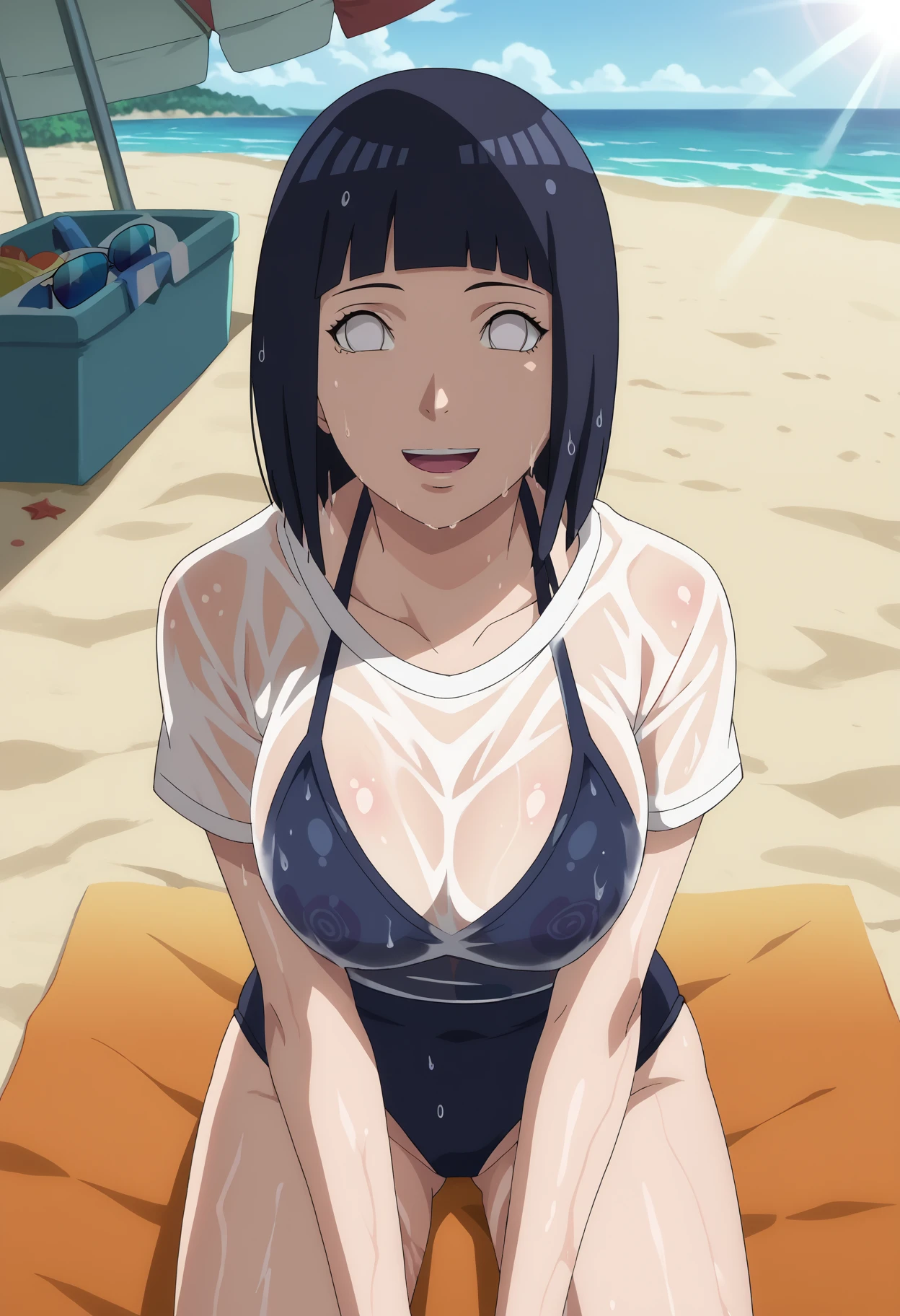 score_9, score_8_up, score_7_up, source_anime,anime screencap,anime coloring,intricate details,
uncensored,
mature female,
hinata, black hair, 1girl, short hair, large breasts, bangs, blunt bangs,white eyes,no pupils,
smile,open mouth, 
swimsuit, sunglasses, 
sweat,wet, 
 sunlight, 
perfect anatomy,sidelighting, backlighting,wet clothes, see-through, wet shirt, 
contrast, 
scenery,outdoors,  Detailed Background, beach, ocean, beach umbrella, beach towel, 
<lora:Hinata Boruto:0.9> <lora:modern_anime_screencap_v1_0:1>