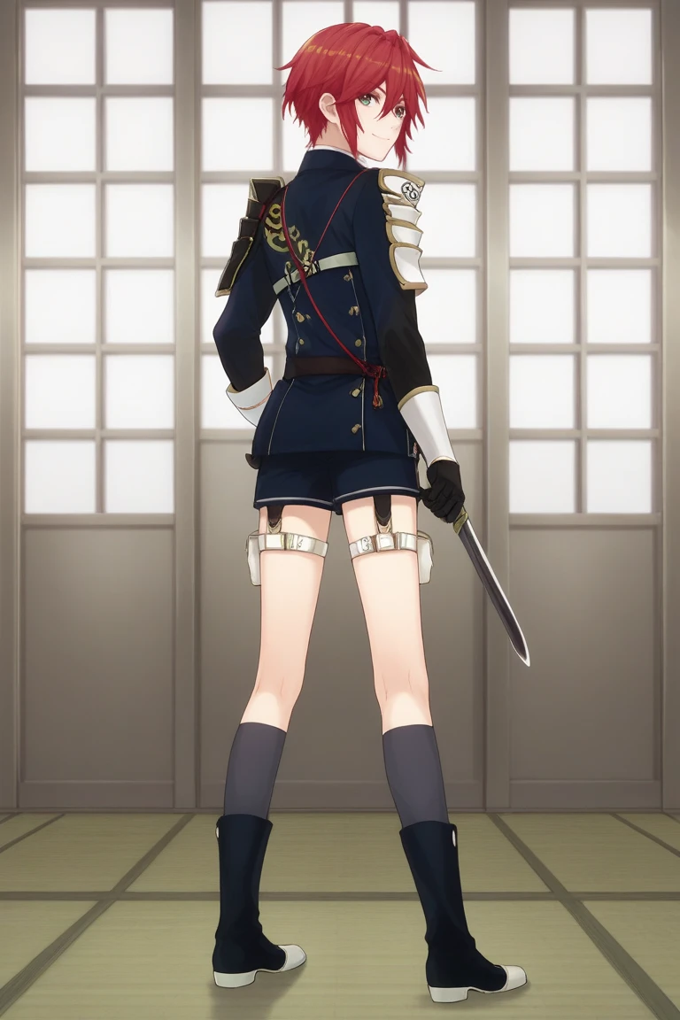 score_9, score_8_up, score_7_up, score_6_up, shinano toushirou, red hair, green eyes, official style, male focus, shorts, 1boy, weapon, gloves, tantou, short sword, sword, solo, black gloves, looking back, uniform, thigh holster, military uniform, military, smile, japanese armor, full body, from behind, holster, shoulder armor, armor, socks, kneehighs, boots, sode, hanamaru style