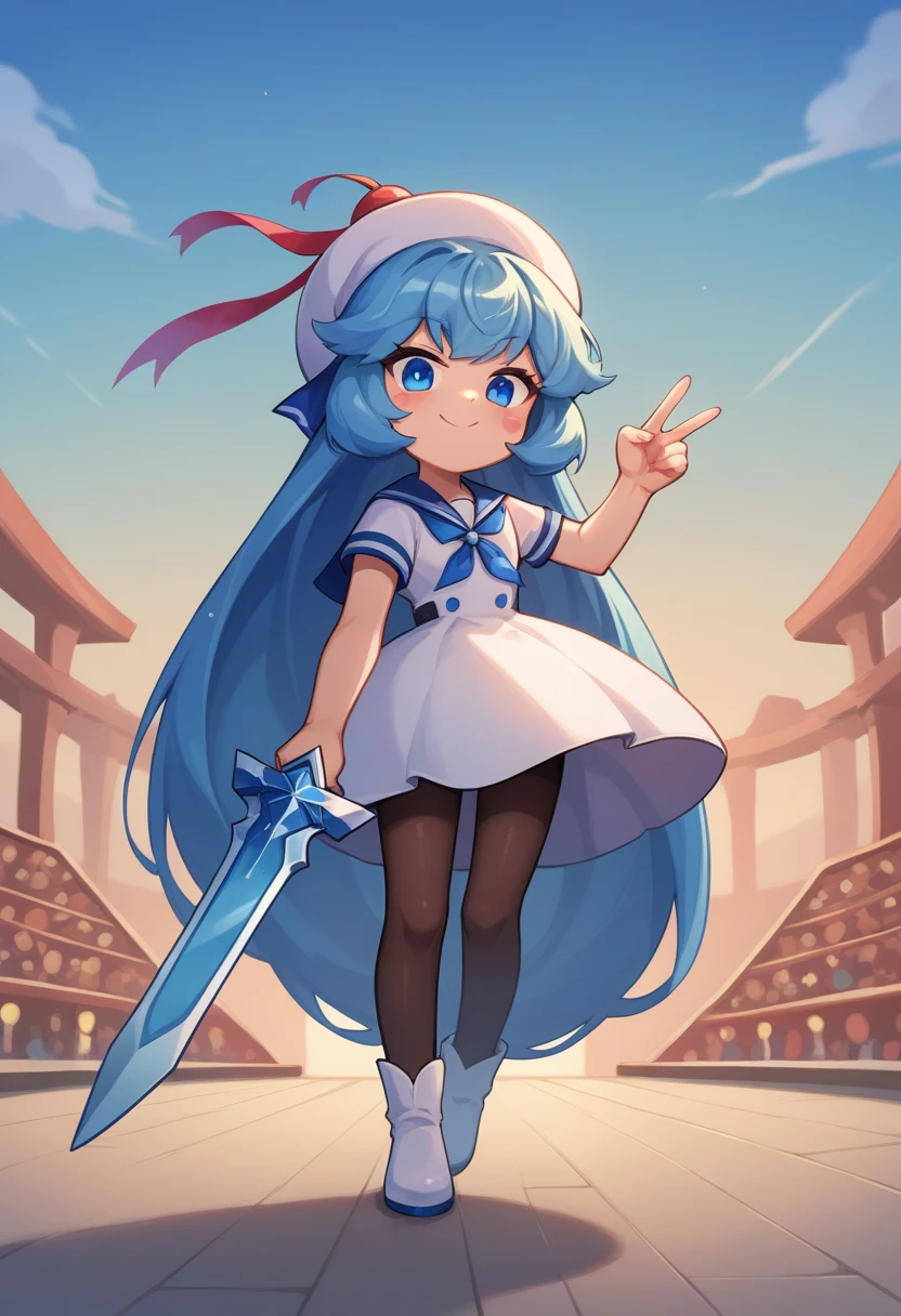 score_9, score_8_up, score_7_up, score_6_up, score_5_up, BREAK
creamsoda, antro, female, 1girl, solo, long hair, looking at viewer, smile, blue eyes, arena, hat, dress, holding, very long hair, blue hair, full body, weapon, (blue pantyhose), sword, sailor collar, holding weapon, blush stickers, holding sword, absurdly long hair, liquid hair, battle pose