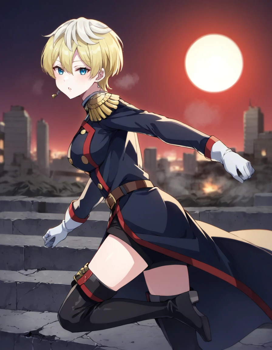 score_9, score_8_up, score_7_up, source_anime, BREAK
1girl, solo, looking at viewer, blurry background, from side, running, random pose, random expressions, 
post-apocalypse, ruins, night, city, destruction, explosion, red moon,
battle uniform, epaulettes, long sleeves, white gloves, belt, black shorts, thigh boots,
tenka izumo, short hair, multicolored hair, white hair, blonde hair, blue eyes, hair between eyes, single earring,
<lora:tenka_izumo_anime-soralz:1>